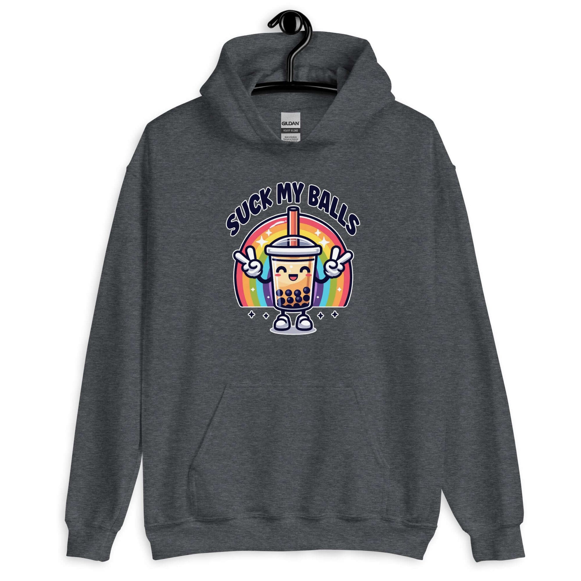 Dark heather grey hoodie with graphics of a rainbow and a smiling boba bubble tea. The bubble tea has arms and legs. The phrase Suck my balls is printed above the rainbow. The graphics are on the front of the hoodie.