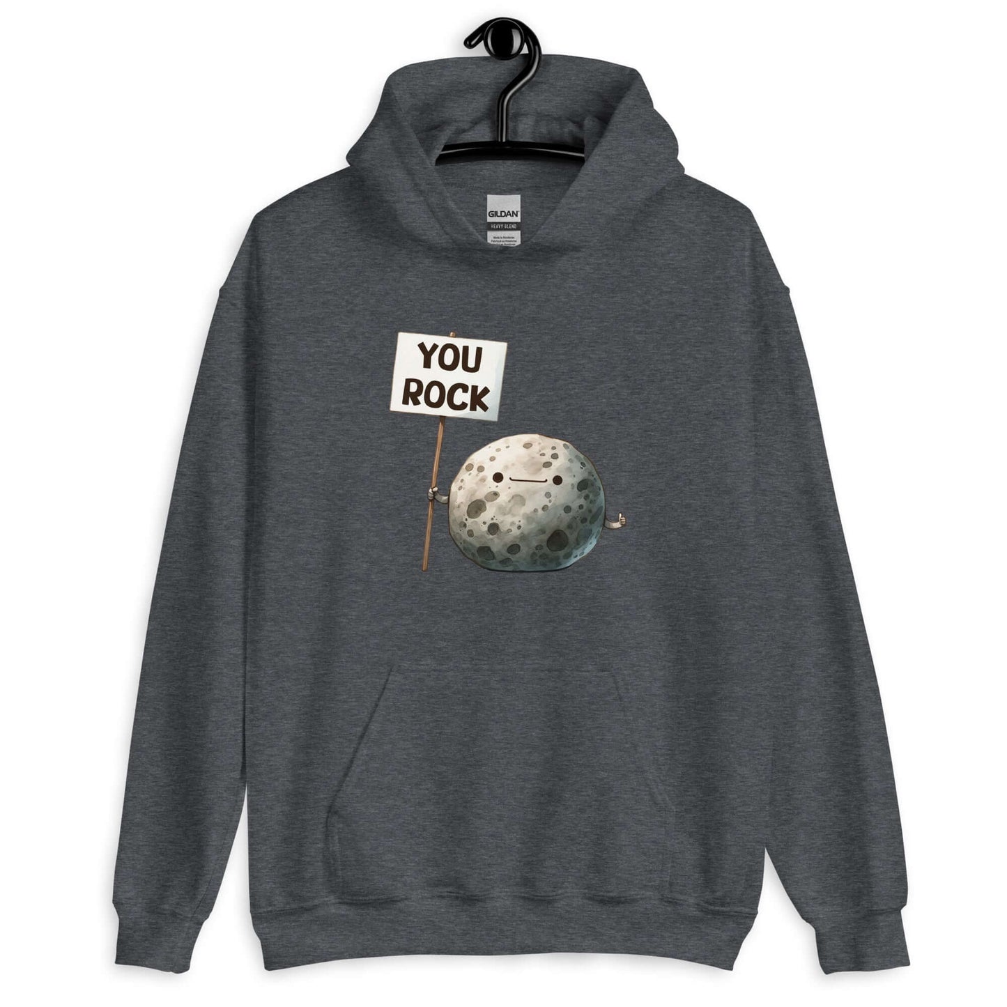 Dark heather grey hoodie with an image of a grey rock that is holding a sign. The sign says You Rock. The image is printed on the front of the hoodie.