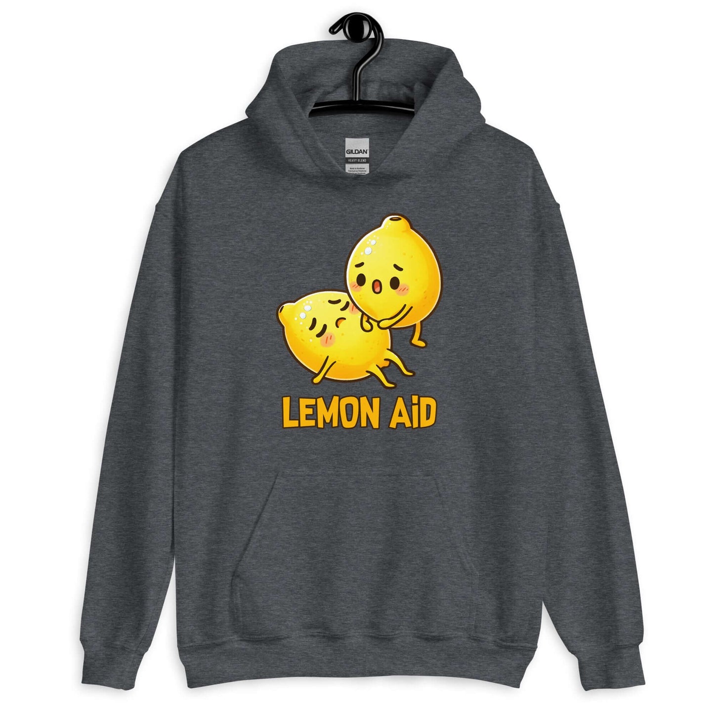 Dark heather grey hoodie sweatshirt with image of 2 cartoon lemons. One lemon is giving the other lemon CPR. The words Lemon Aid is under the lemons. The graphic is printed on the front.