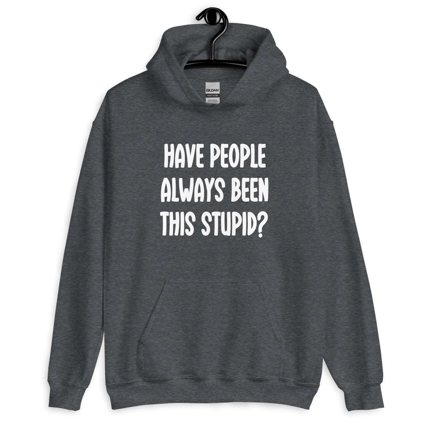 Dark heather hoodie sweatshirt with the question Have people always been this stupid question mark printed on the front.