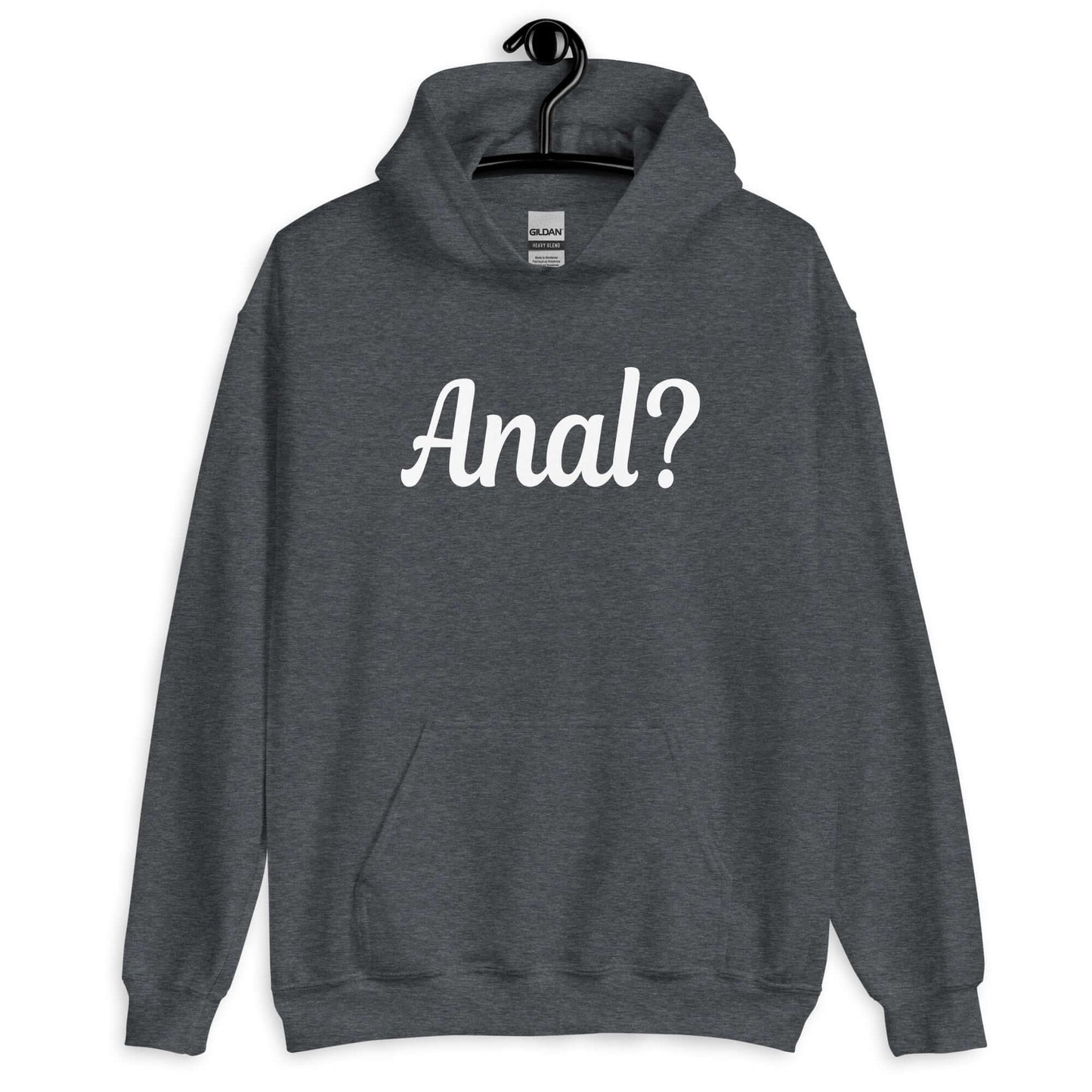 Dark heather hoodie sweatshirt with the word Anal with a question mark printed on the front.