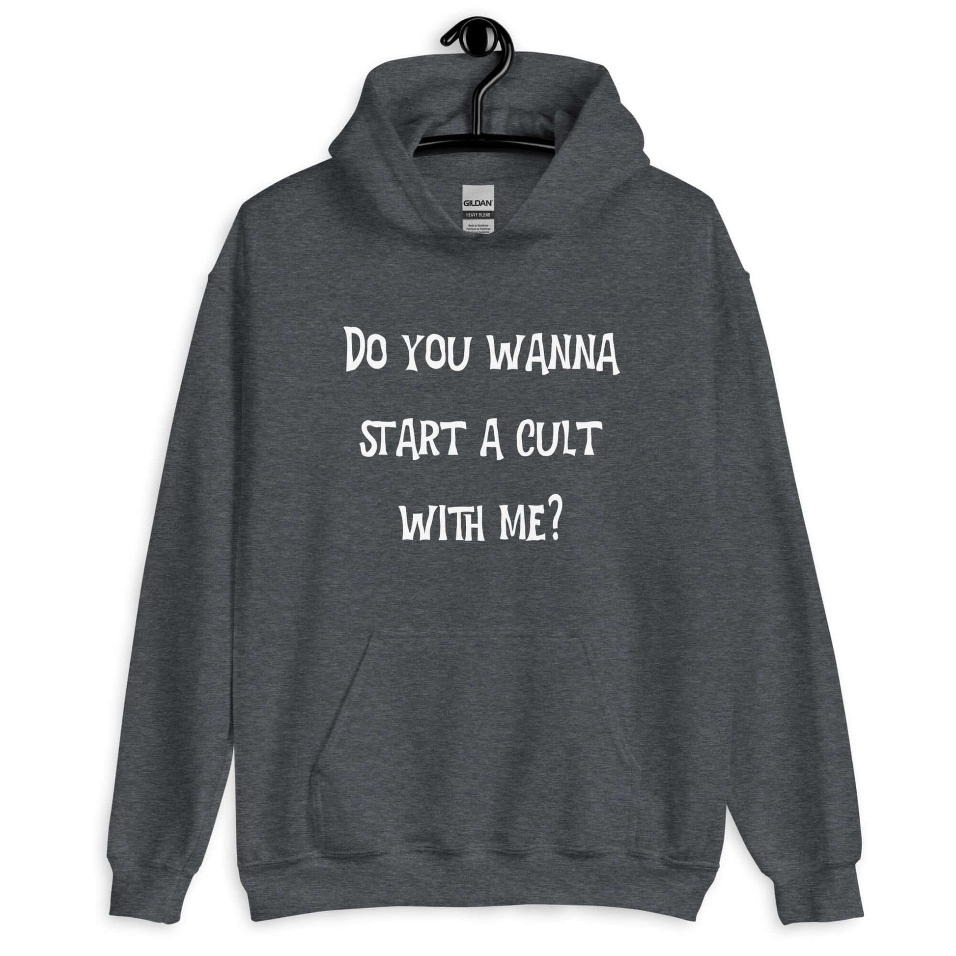 Dark heather hoodie sweatshirt with the question Do you wanna start a cult with me printed on the front.