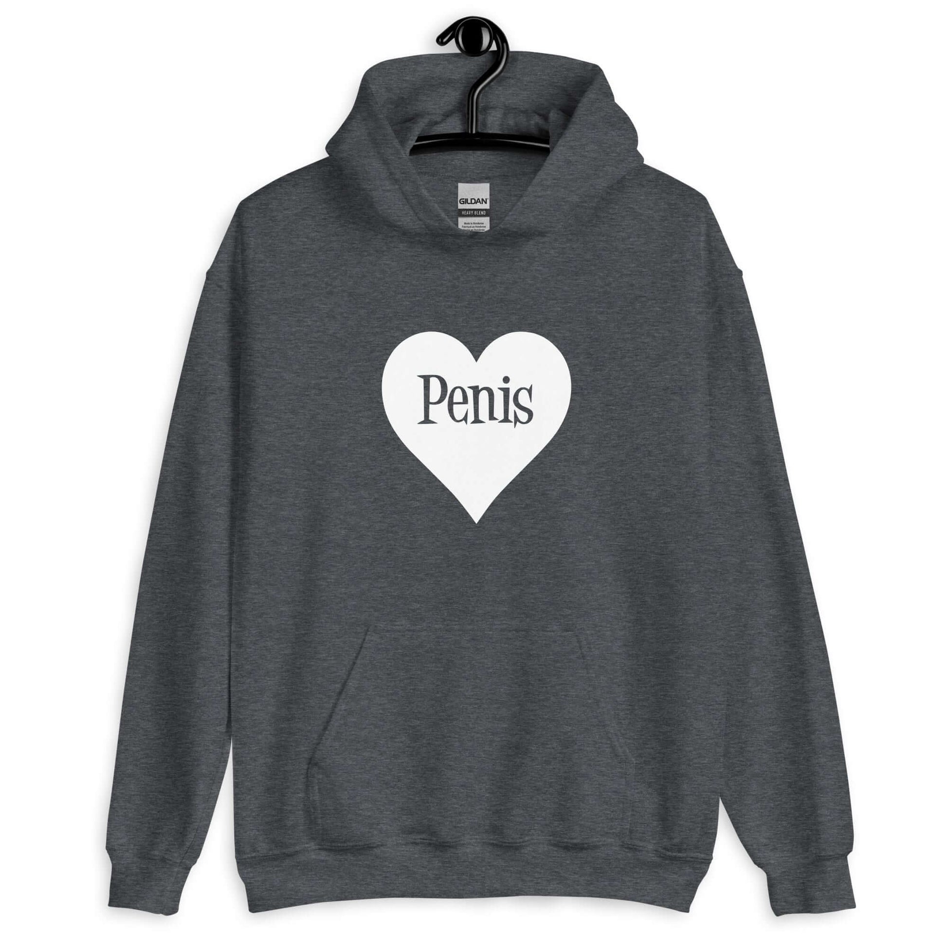 Dark heather grey hoodie sweatshirt with a heart image printed on the front. The word penis is inside the heart