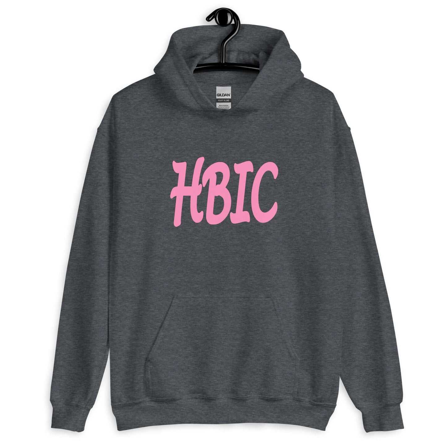 Dark heather grey hoodie sweatshirt with the acronym HBIC printed on the front in pink text.