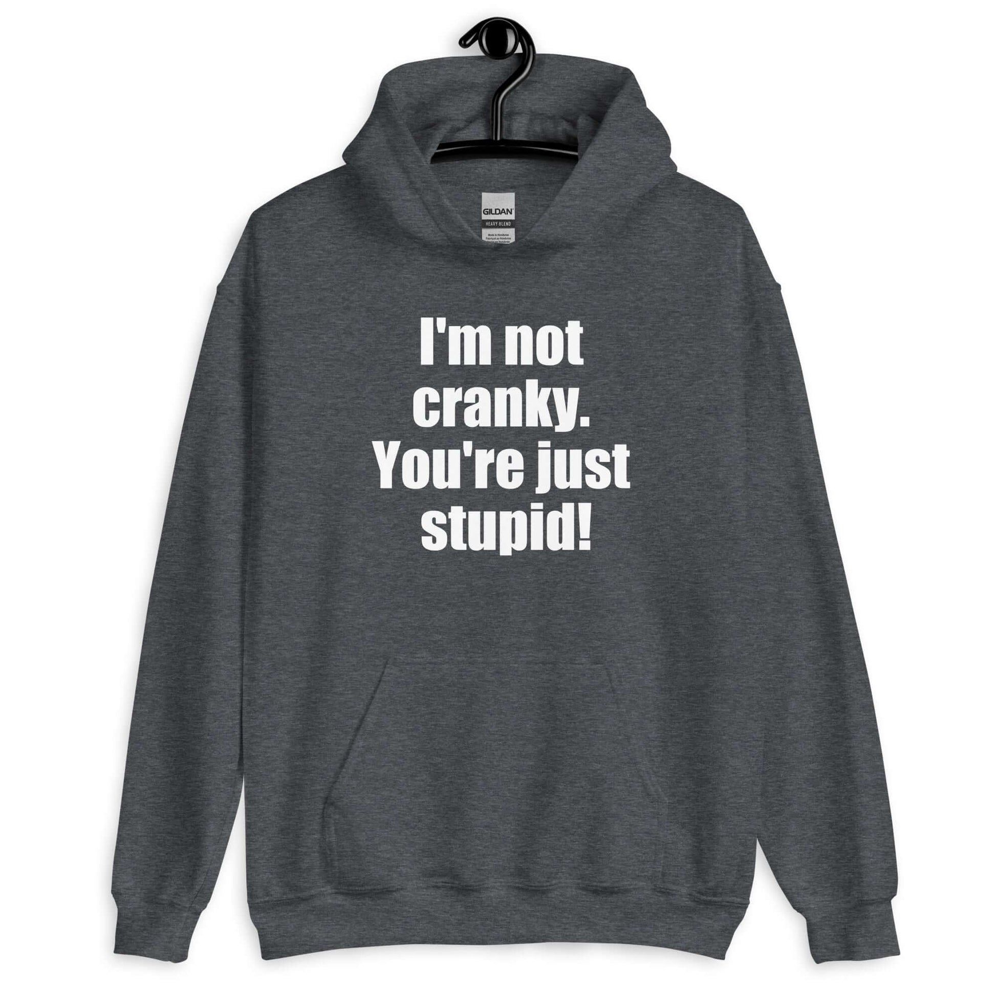 Dark heather hoodie sweatshirt with the phrase I'm not cranky You're just stupid printed on the front.