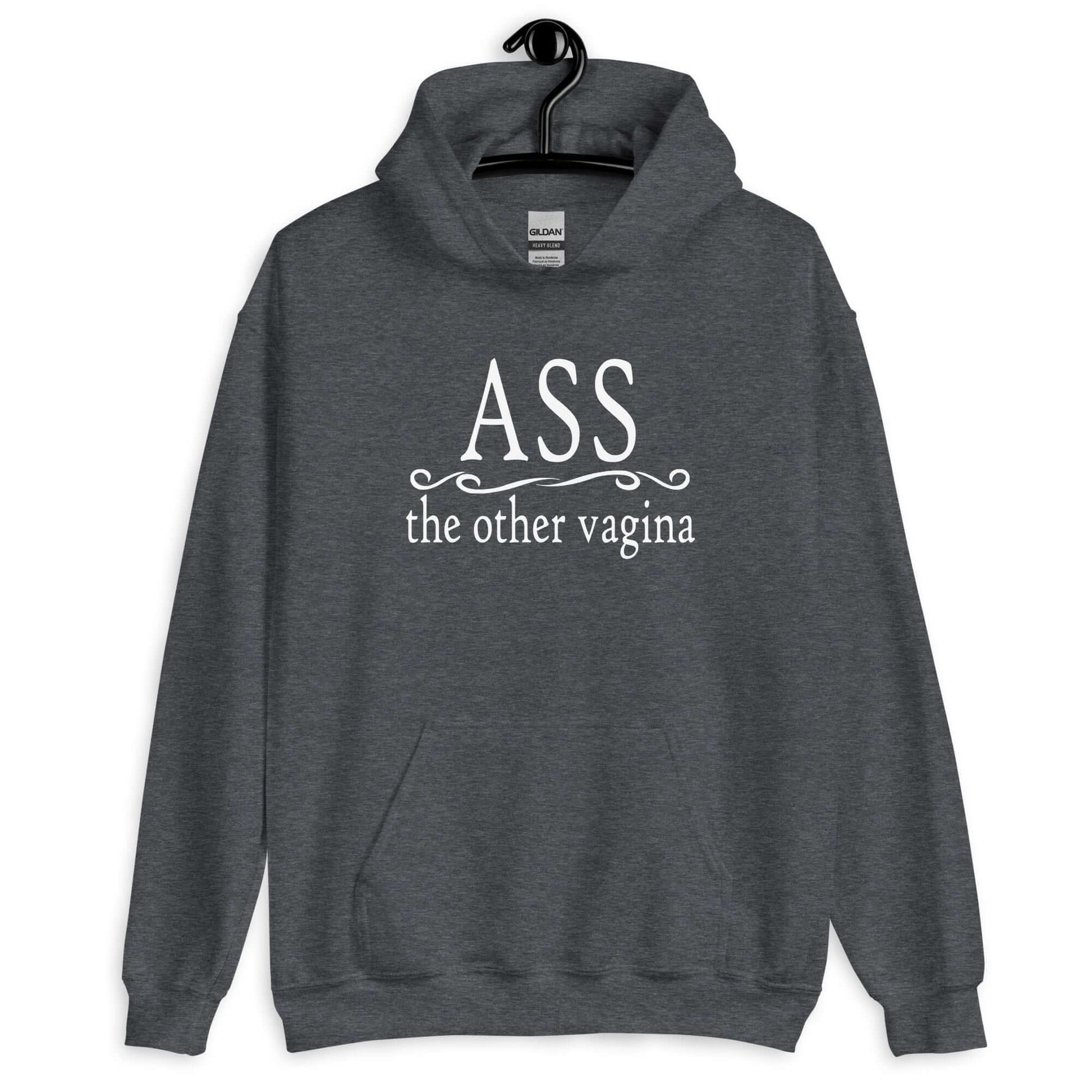 Dark heather hoodie sweatshirt with the phrase Ass, the other vagina printed on the front.