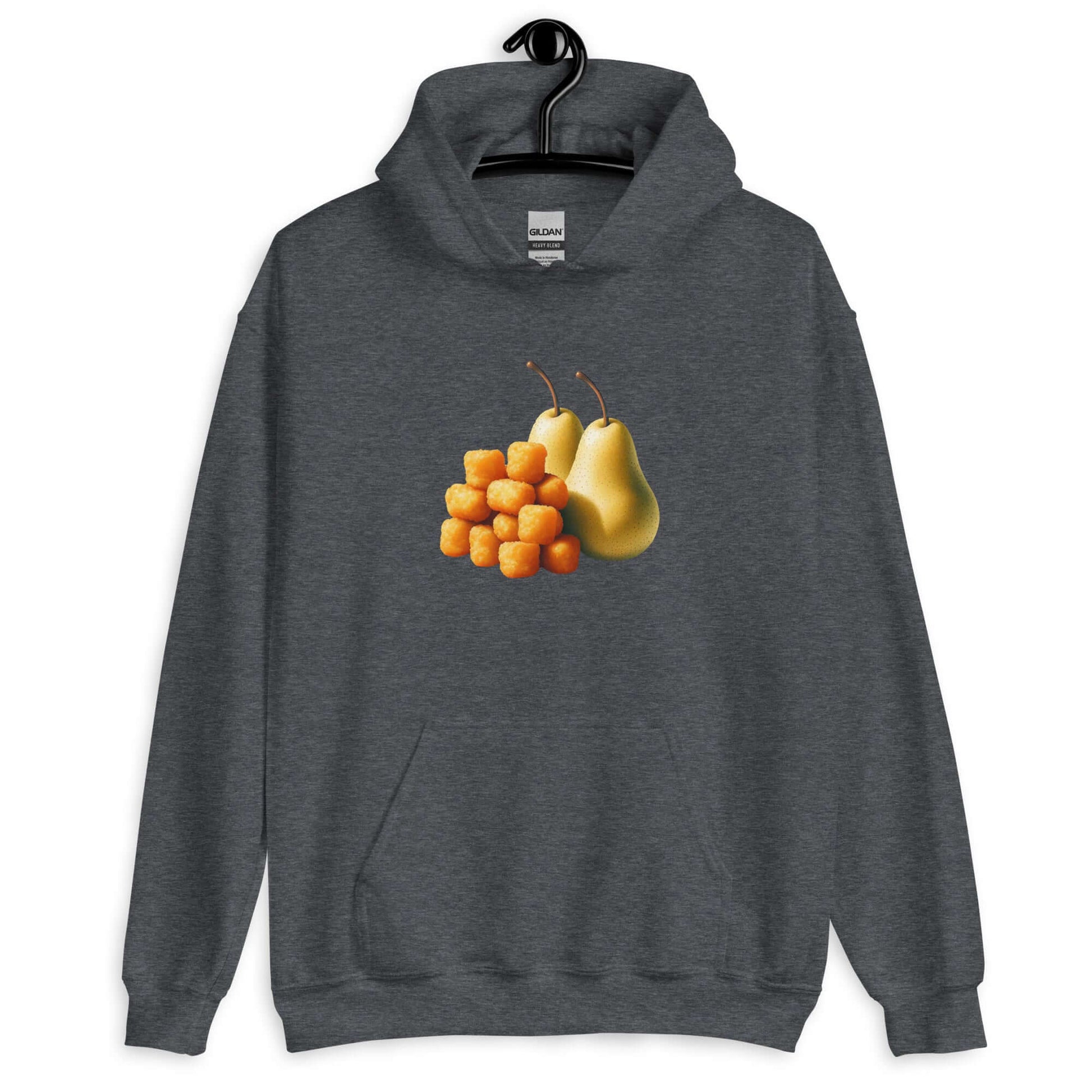 Dark heather grey hoodie sweatshirt with an image of tater tots and two pears printed on the front.