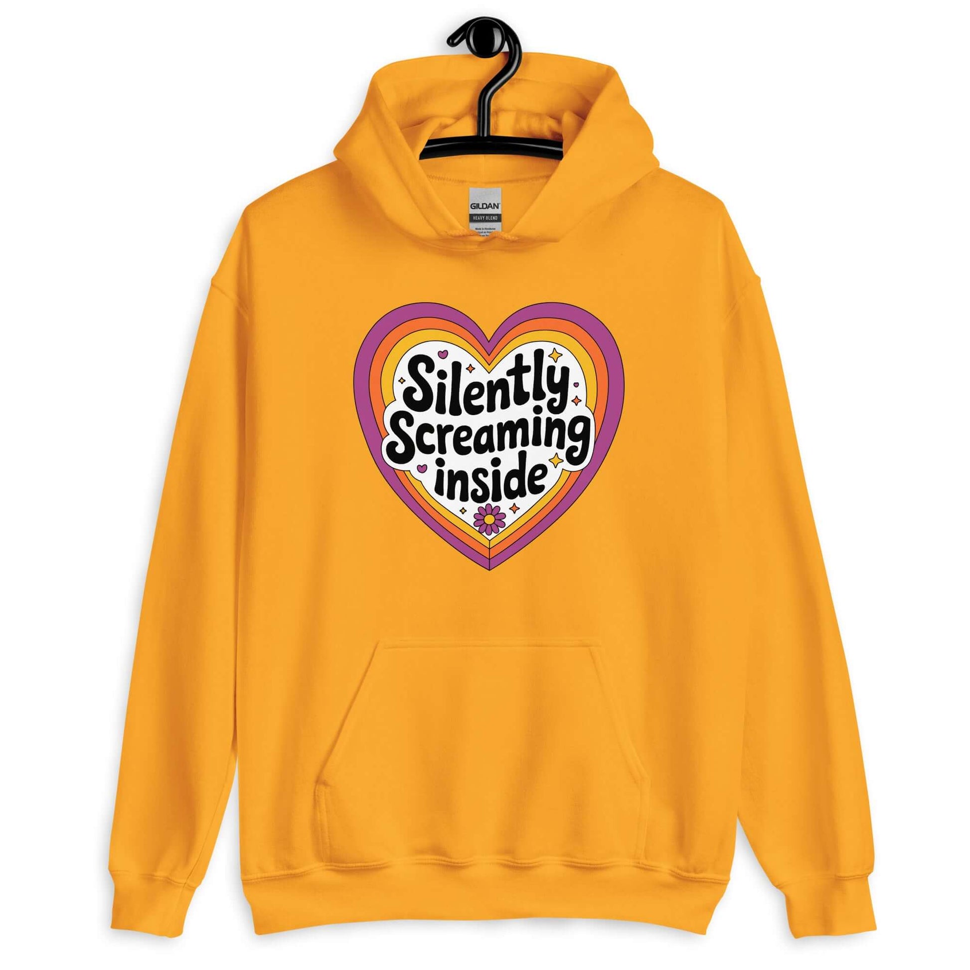 Golden yellow hoodie sweatshirt with a graphic that says Silently screaming inside. The graphics are printed on the front of the sweatshirt.