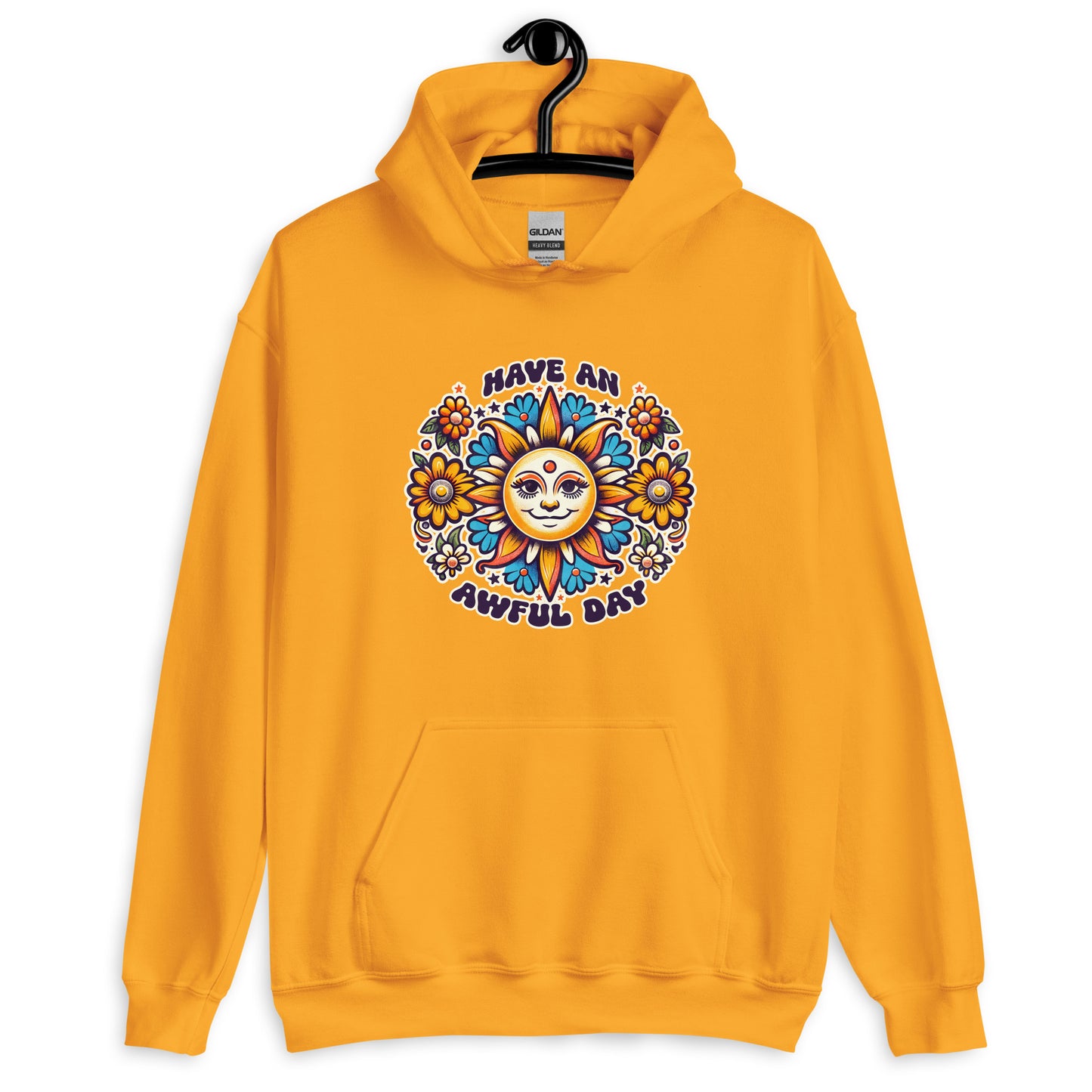 Golden yellow hoodie sweatshirt with a sun graphic and the phrase Have an awful day printed on the front.
