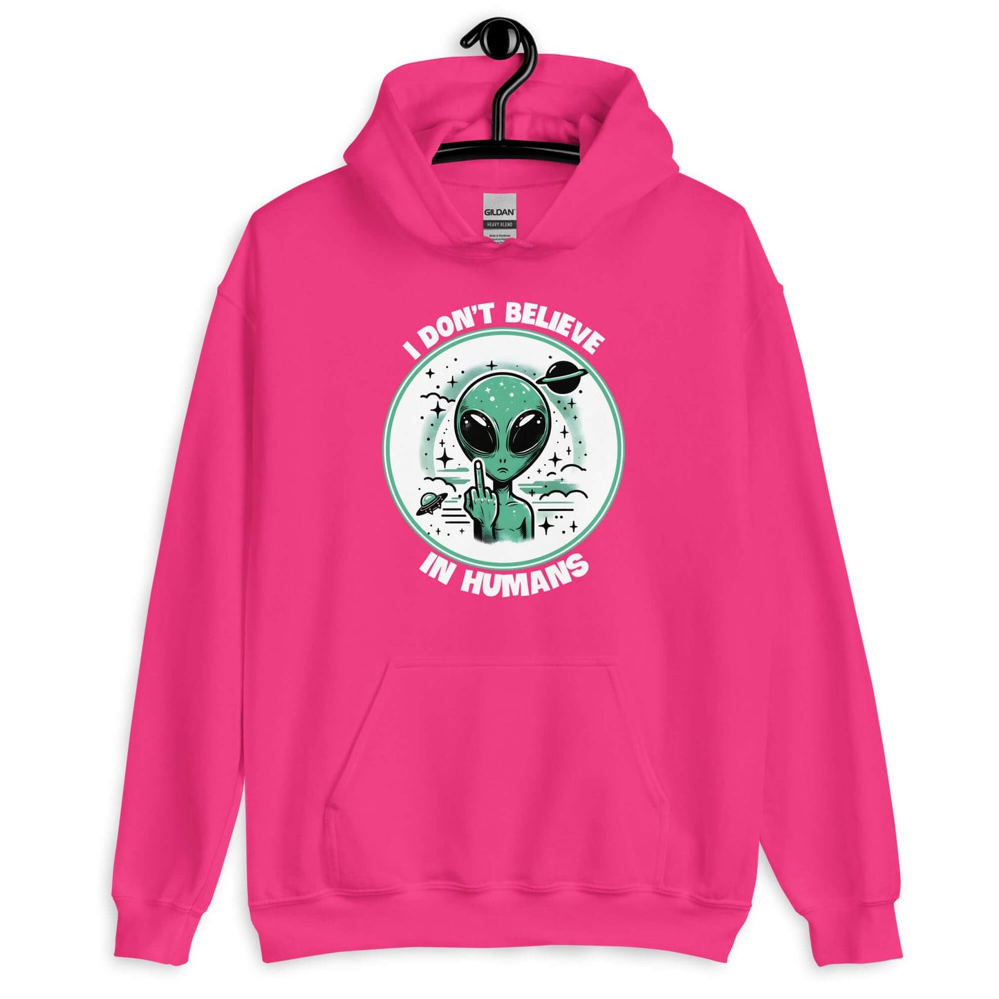 Heliconia pink hoodie sweatshirt with an image of an alien flipping the middle finger. The words I don't believe in humans are printed around the image. The graphics are printed on the front of the hoodie.