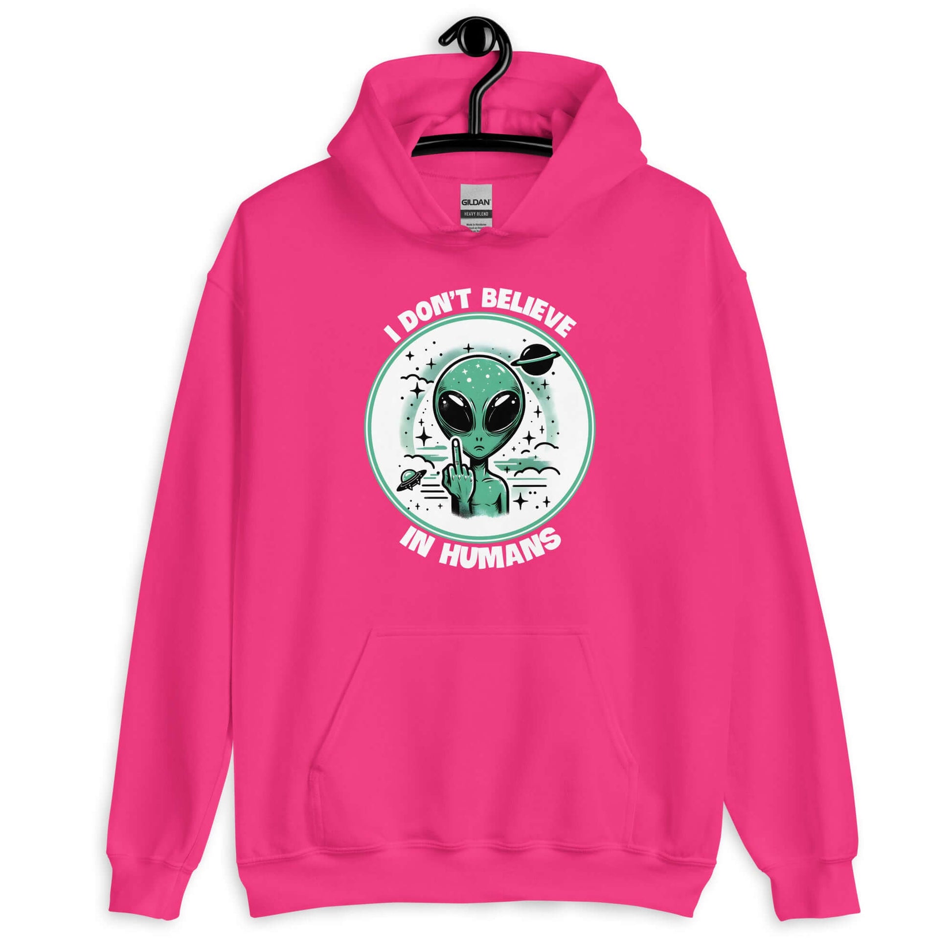 Heliconia pink hoodie sweatshirt with an image of an alien flipping the middle finger. The words I don't believe in humans are printed around the image. The graphics are printed on the front of the hoodie.