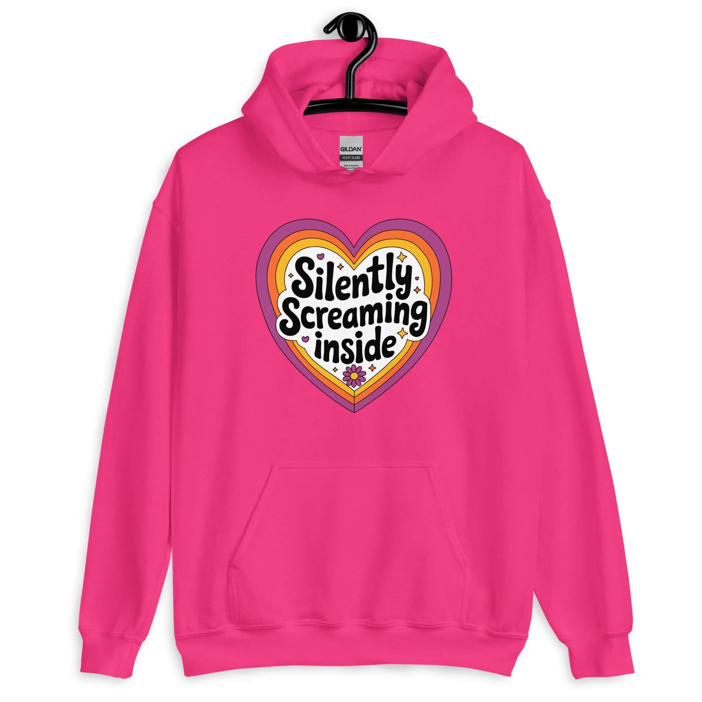 Heliconia pink hoodie sweatshirt with a graphic that says Silently screaming inside. The graphics are printed on the front of the sweatshirt.
