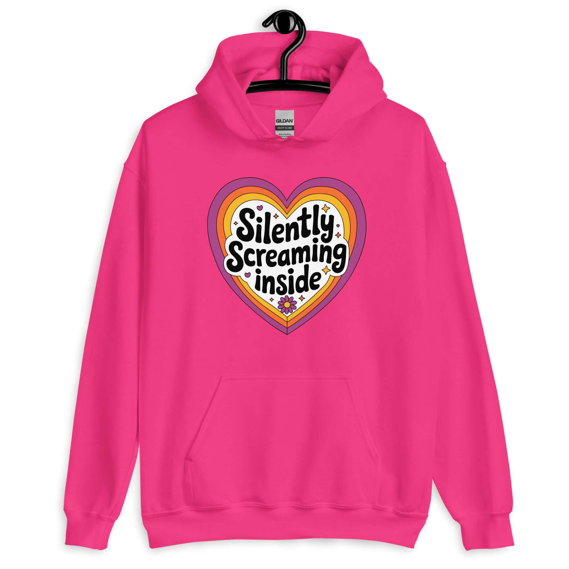 Heliconia pink hoodie sweatshirt with a graphic that says Silently screaming inside. The graphics are printed on the front of the sweatshirt.