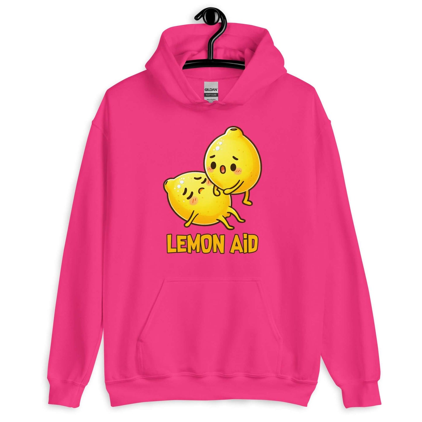 Heliconia pink hoodie sweatshirt with image of 2 cartoon lemons. One lemon is giving the other lemon CPR. The words Lemon Aid is under the lemons. The graphic is printed on the front.