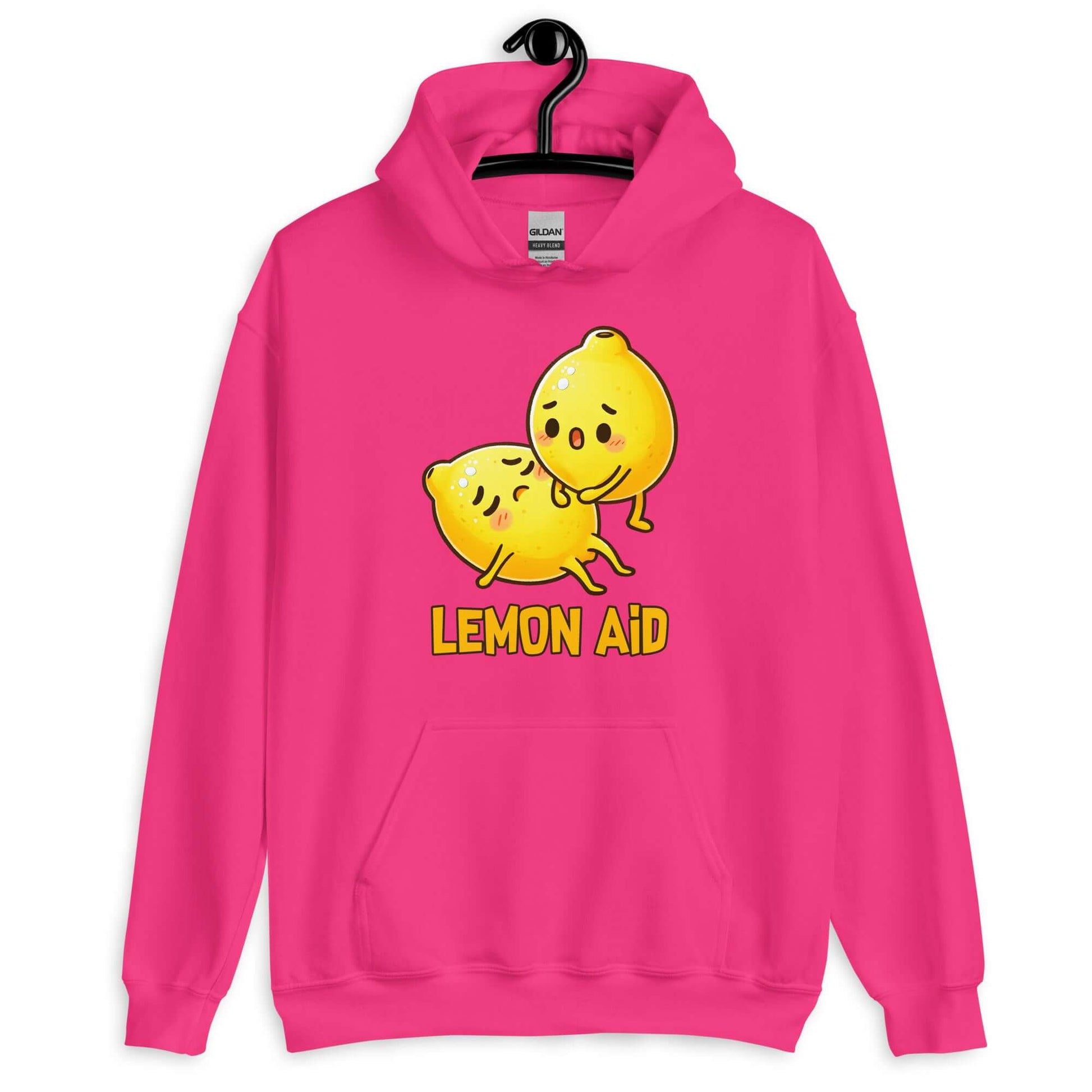 Heliconia pink hoodie sweatshirt with image of 2 cartoon lemons. One lemon is giving the other lemon CPR. The words Lemon Aid is under the lemons. The graphic is printed on the front.