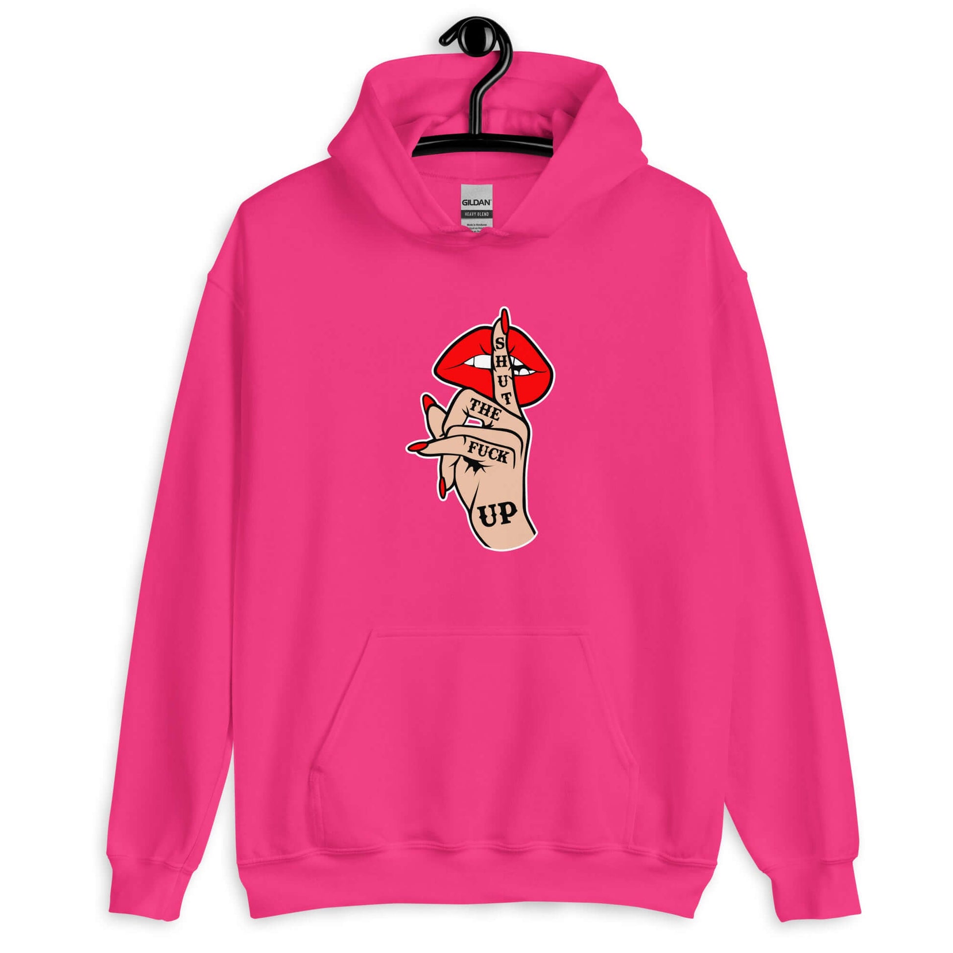 Heliconia pink hoodie sweatshirt with an image of a hand over lips making the shh gesture. The words Shut the fuck up are printed on the hand. The graphics are printed on the front of the hoodie.