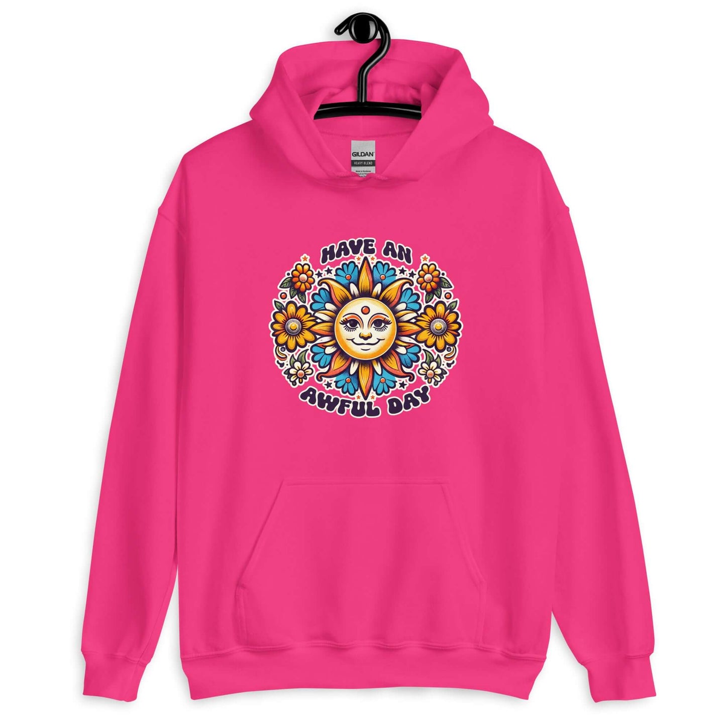 Heliconia pink hoodie sweatshirt with a sun graphic and the phrase Have an awful day printed on the front.