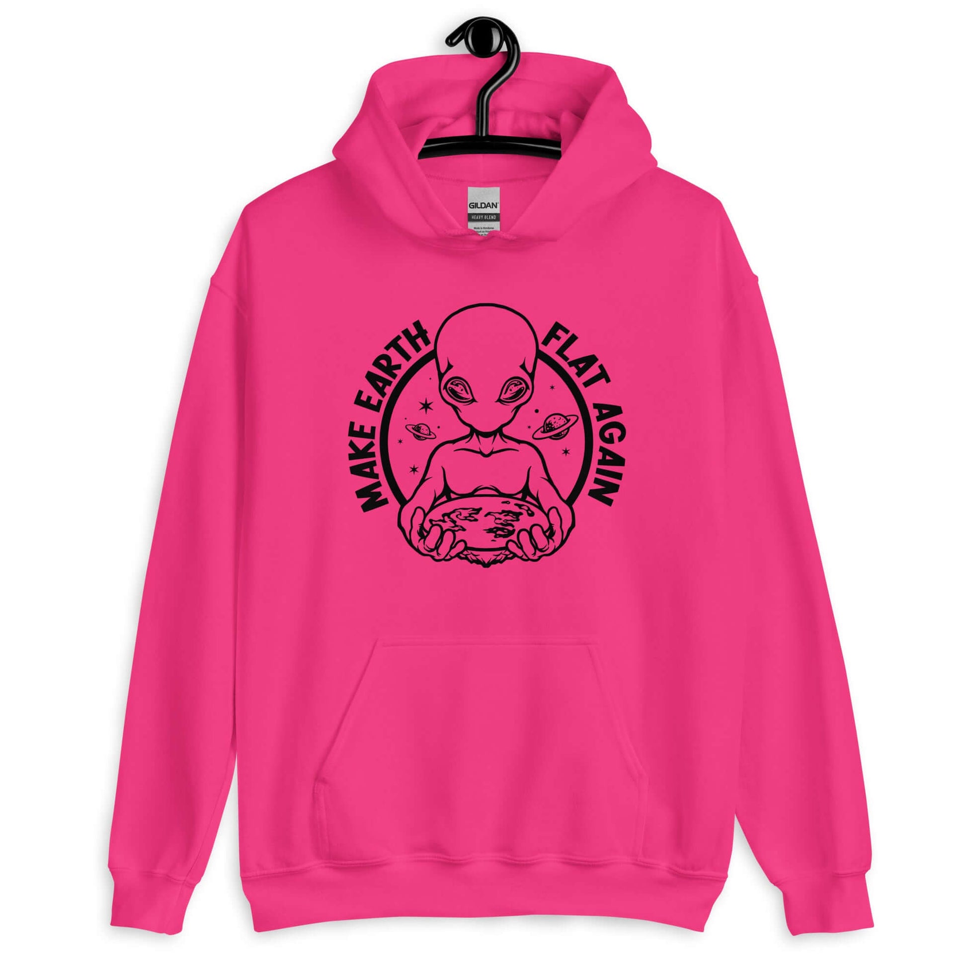 Heliconia pink hoodie sweatshirt with a image of alien holding flat earth and the phrase Make earth flat again printed on the front.