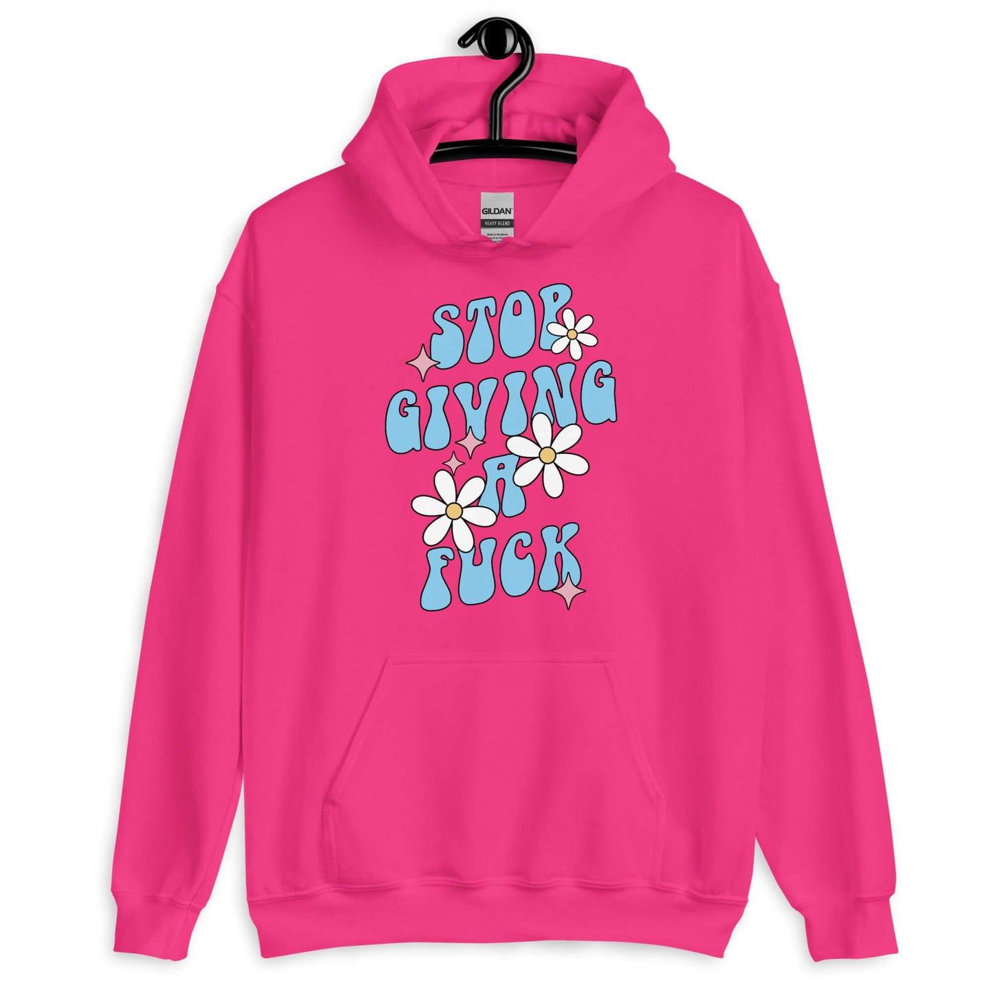 Heliconia pink hoodie sweatshirt with a retro daisy and star design and the phrase Stop giving a fuck printed on the front.