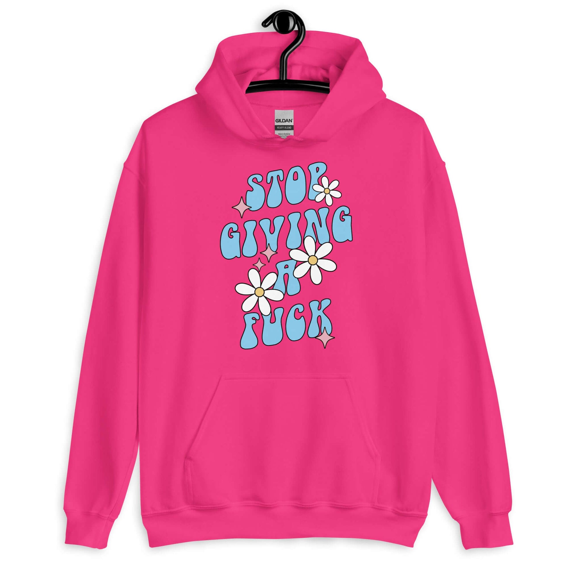 Heliconia pink hoodie sweatshirt with a retro daisy and star design and the phrase Stop giving a fuck printed on the front.