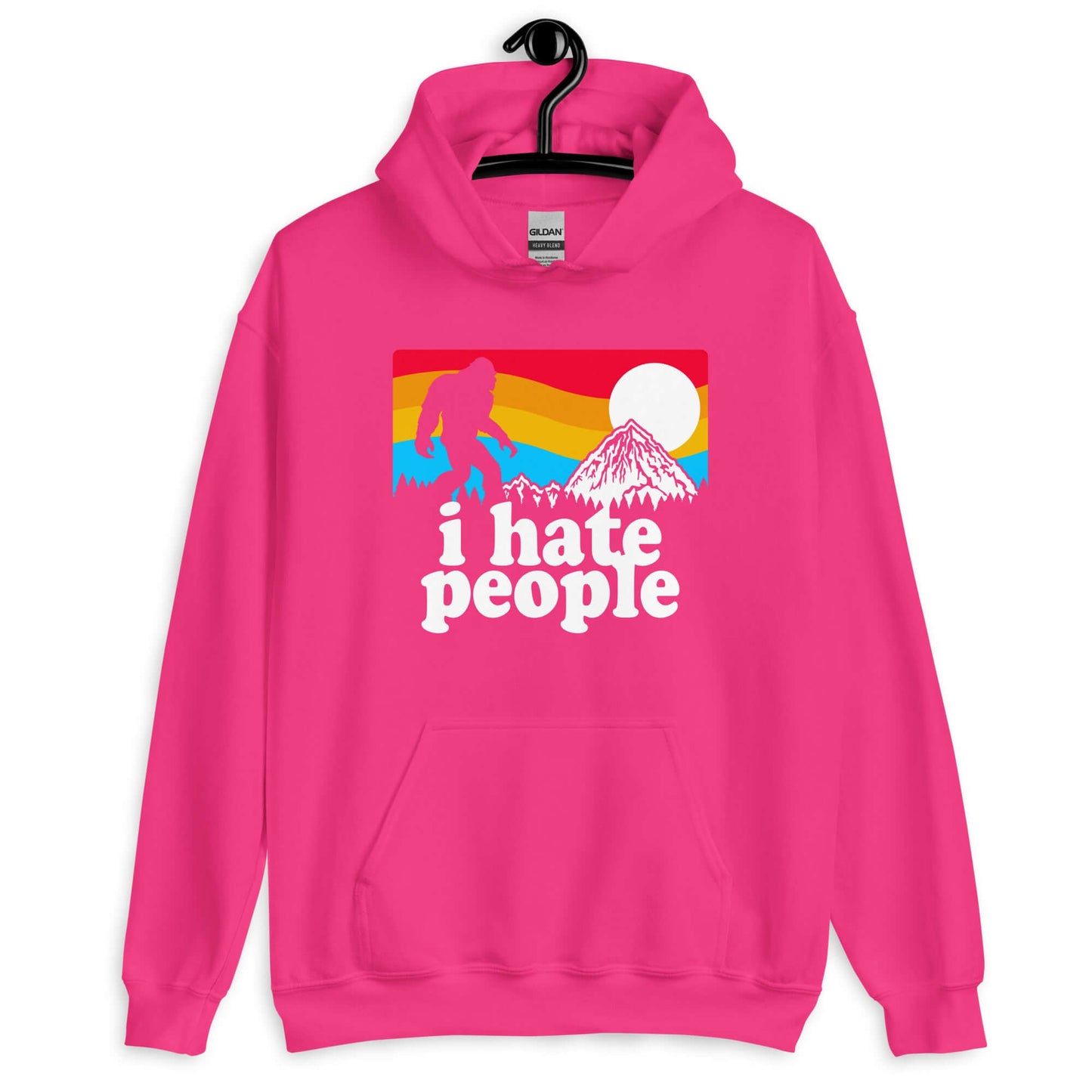 Heliconia pink hoodie sweatshirt with graphic of Bigfoot walking into the sunset with the words I hate people printed on the front.