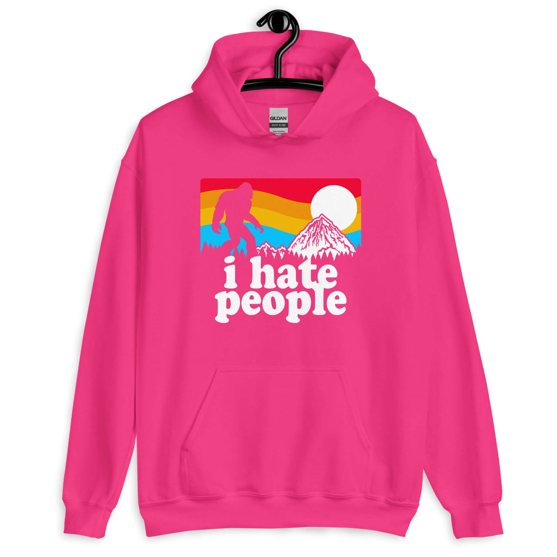 Heliconia pink hoodie sweatshirt with graphic of Bigfoot walking into the sunset with the words I hate people printed on the front.