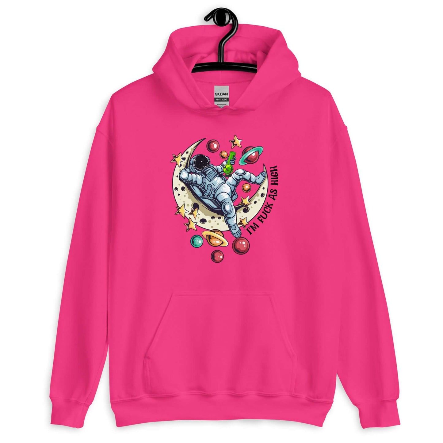 Heliconia pink hoodie sweatshirt with graphic of an astronaut sitting on the moon while smoking a bong with the words I'm fuck as high printed on the front.