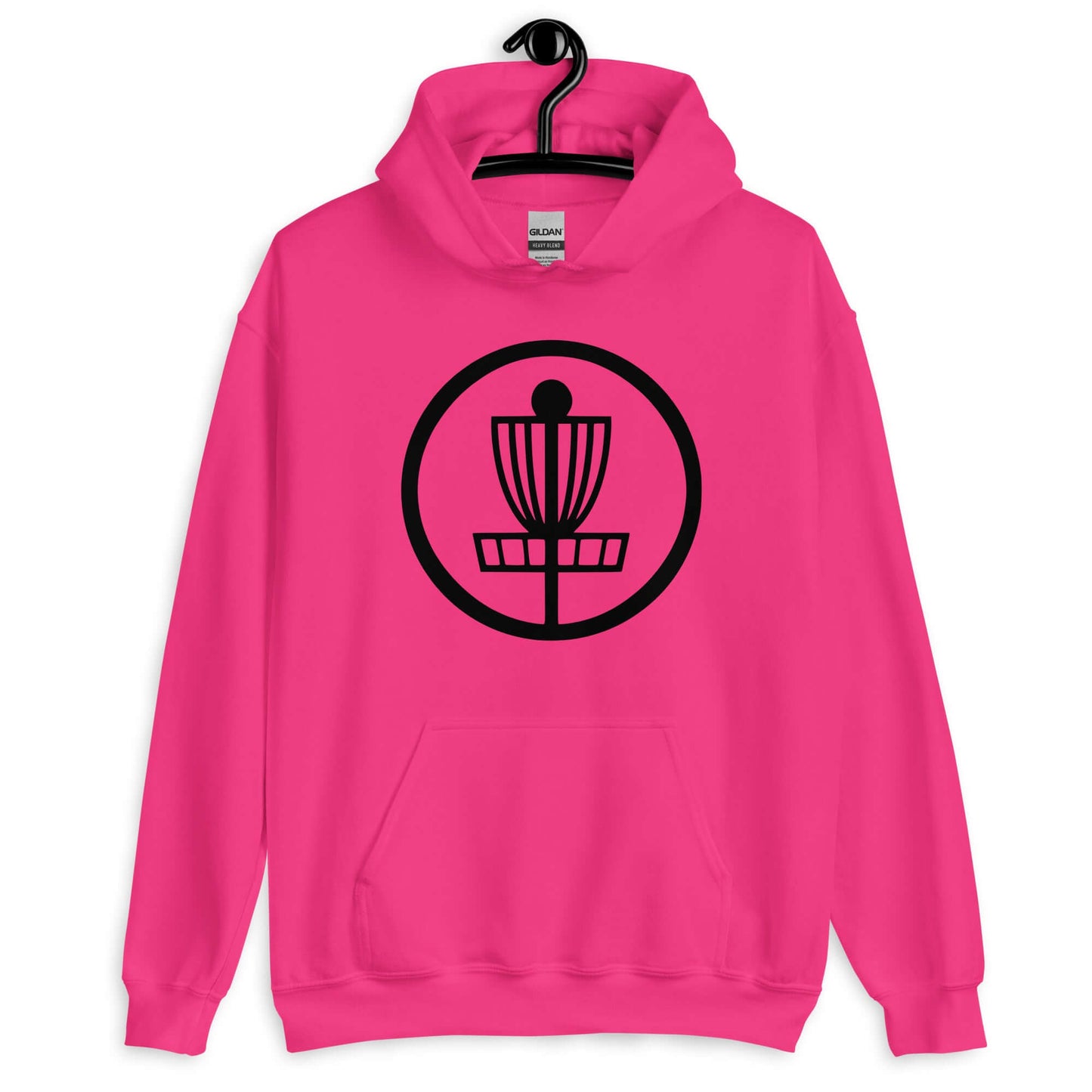 Heliconia pink hoodie sweatshirt with image of disc golf basket silhouette with a circle around it printed on the front.