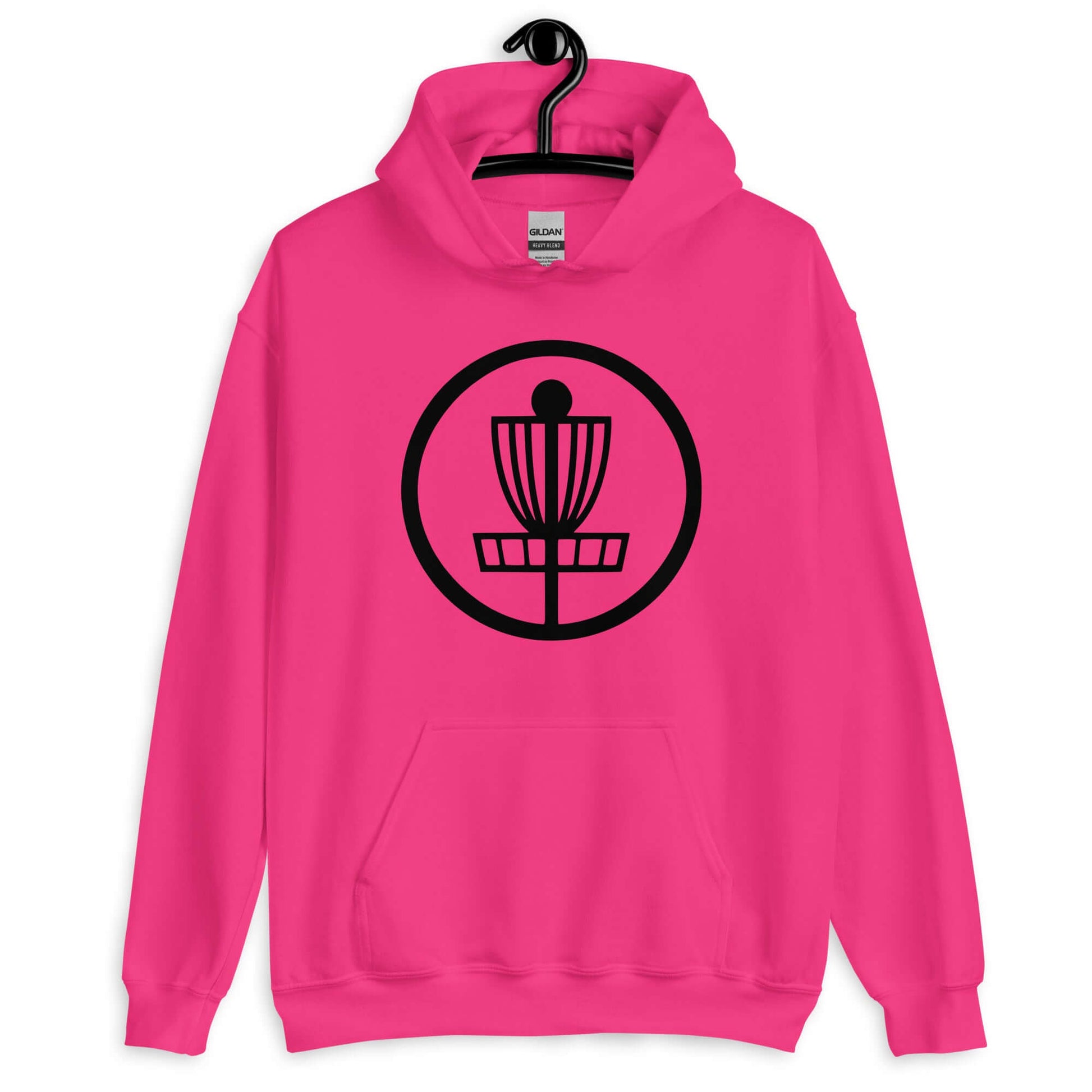 Heliconia pink hoodie sweatshirt with image of disc golf basket silhouette with a circle around it printed on the front.