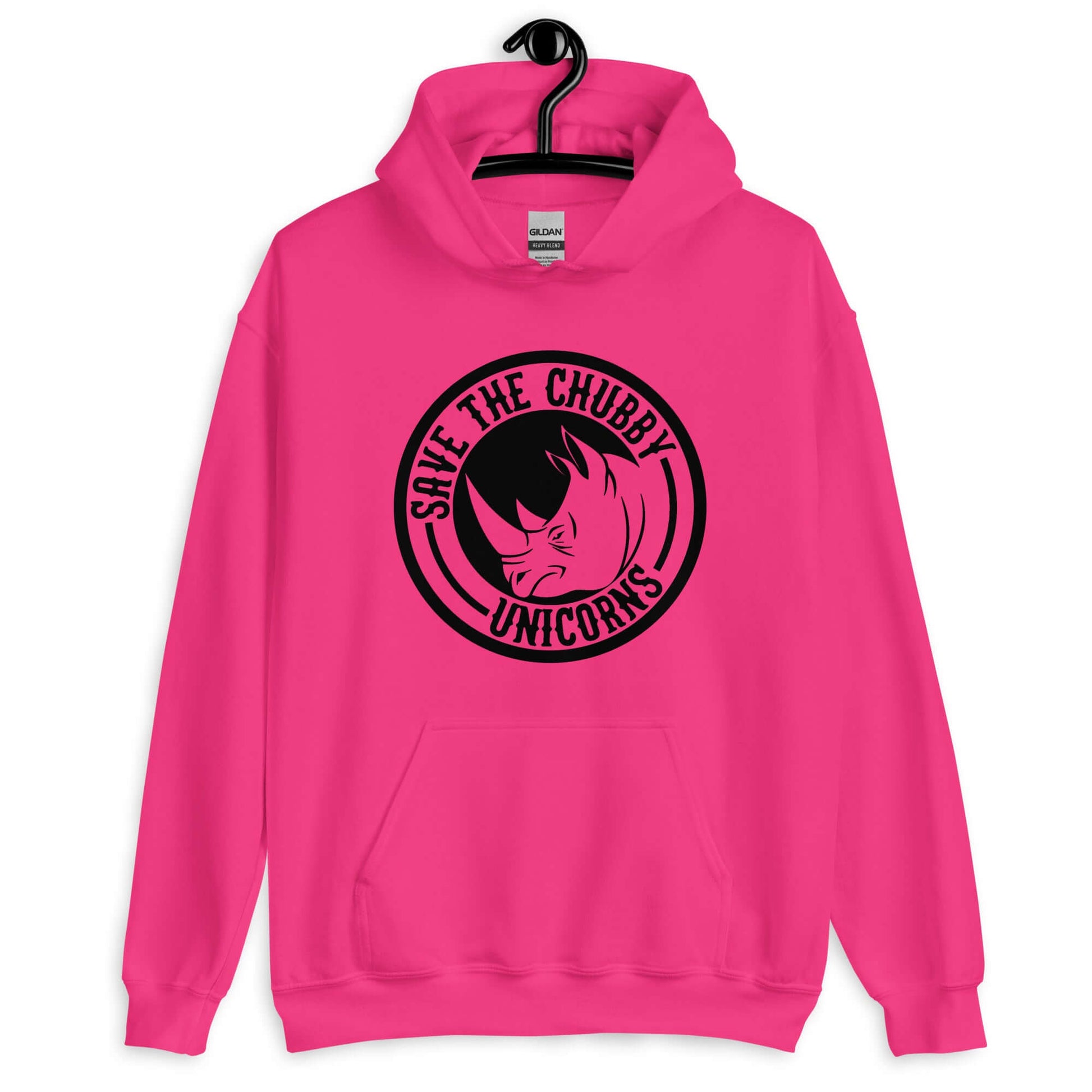Heliconia pink hoodie sweatshirt with a funny graphic of a rhinoceros & the words Save the chubby unicorns printed on the front.