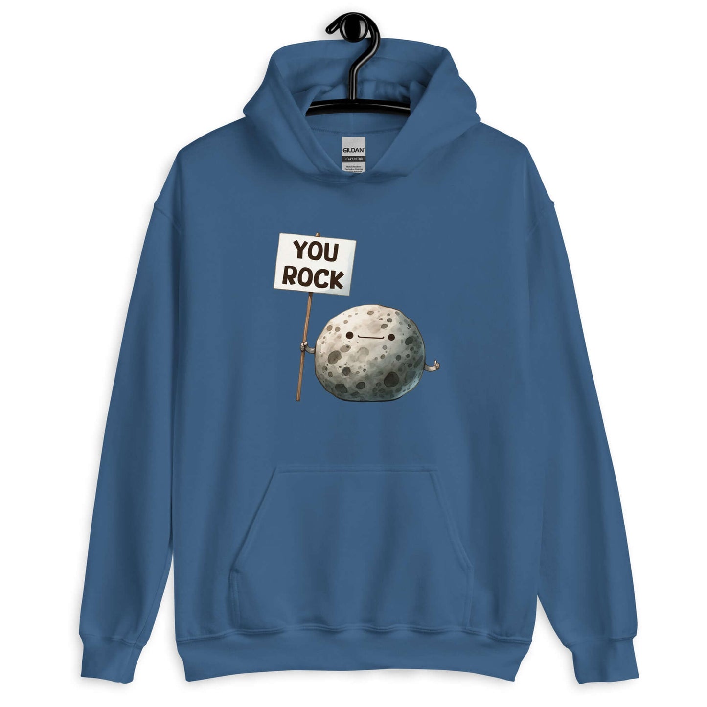 Indigo blue hoodie with an image of a grey rock that is holding a sign. The sign says You Rock. The image is printed on the front of the hoodie.