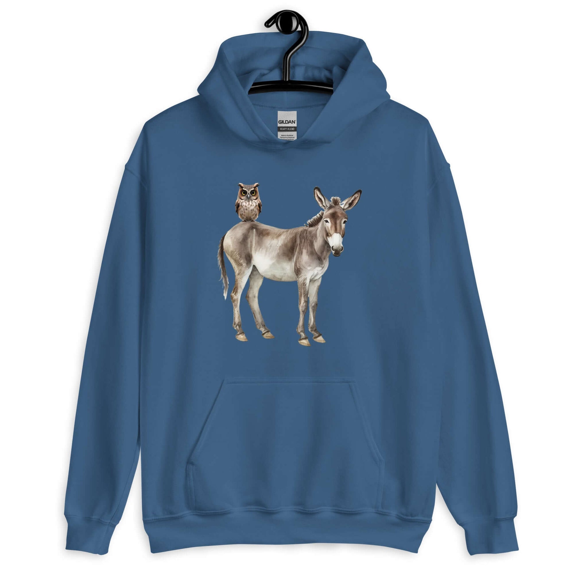 Indigo blue hoodie sweatshirt with image of a donkey with wise owl sitting on it. The graphic is printed on the front of the hoodie.