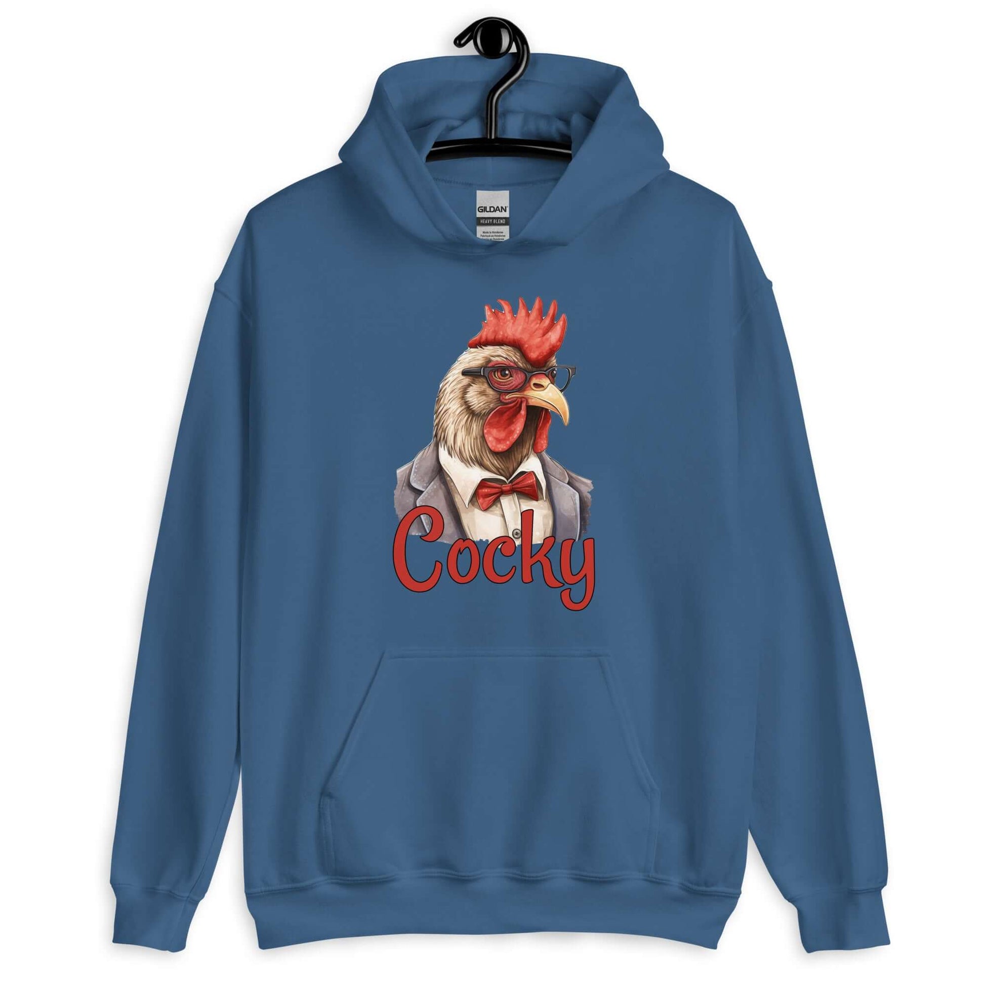 Indigo blue hoodie sweatshirt with image of a rooster and the word Cocky printed on the front.