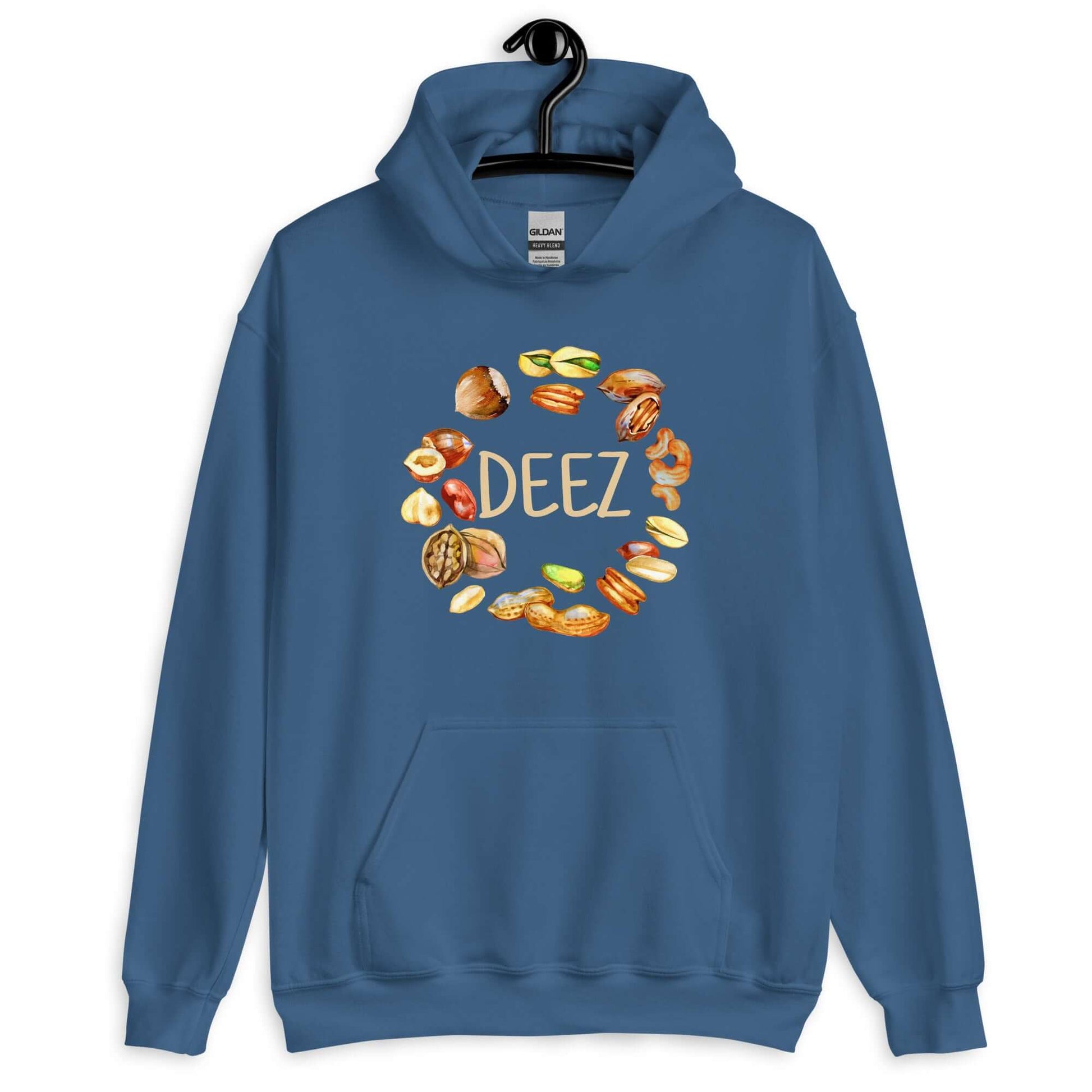 Indigo blue hoodie sweatshirt with an image of various nuts and the word Deez printed on the front.,