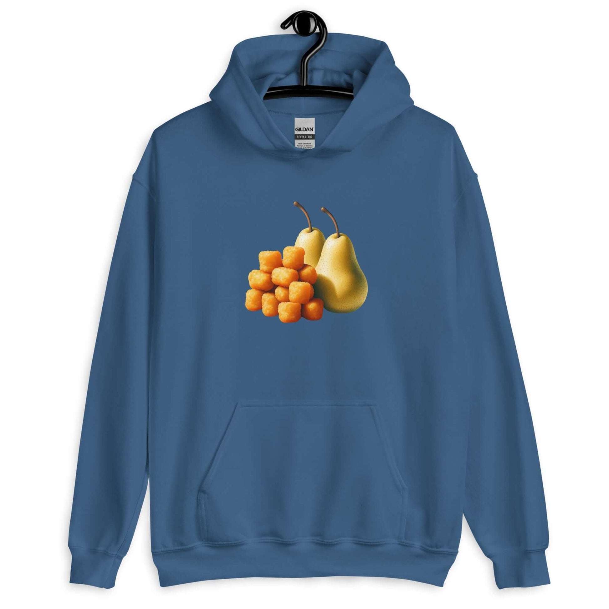 Indigo blue hoodie with an image of tater tots and two pears printed on the front.