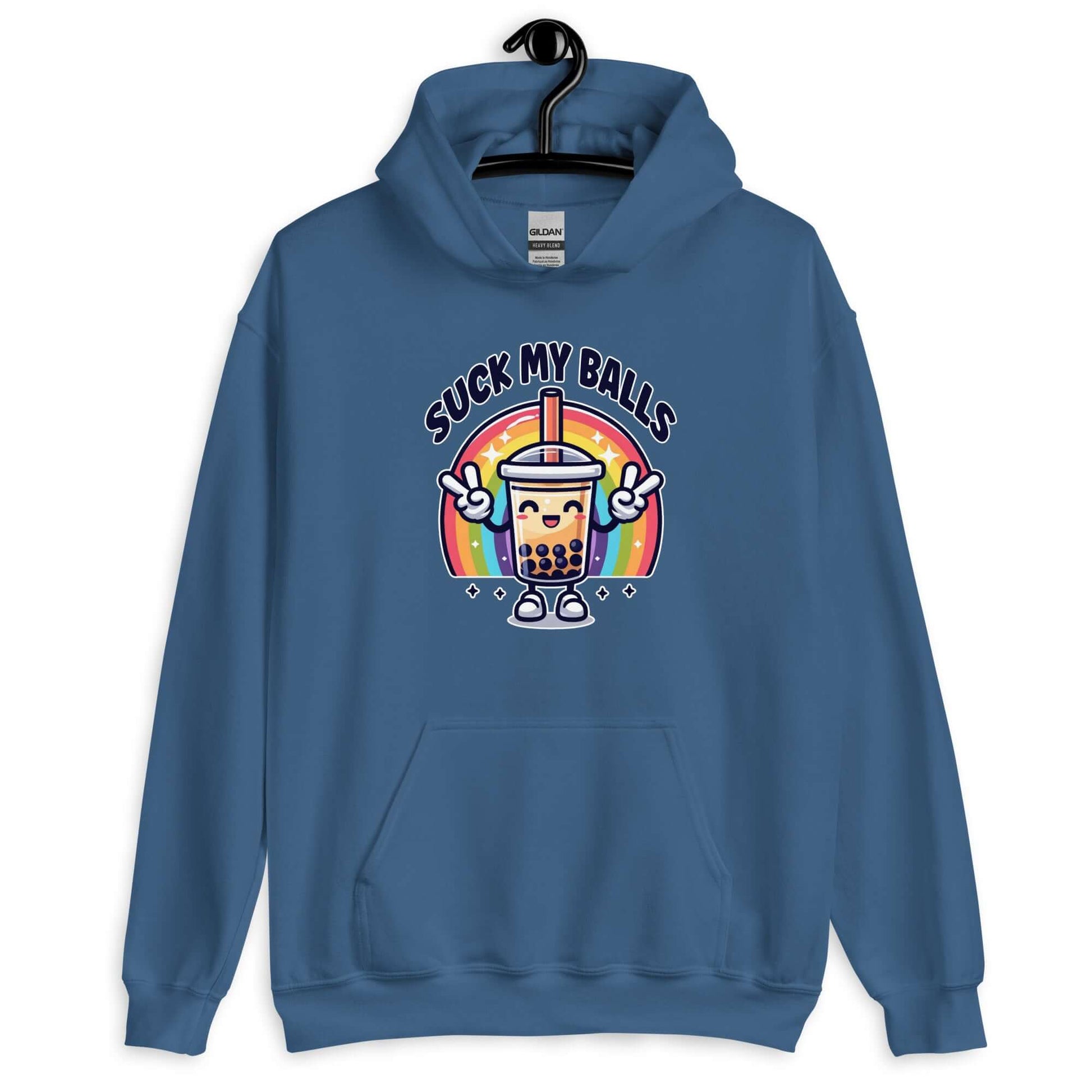 Indigo blue hoodie with graphics of a rainbow and a smiling boba bubble tea. The bubble tea has arms and legs. The phrase Suck my balls is printed above the rainbow. The graphics are on the front of the hoodie.