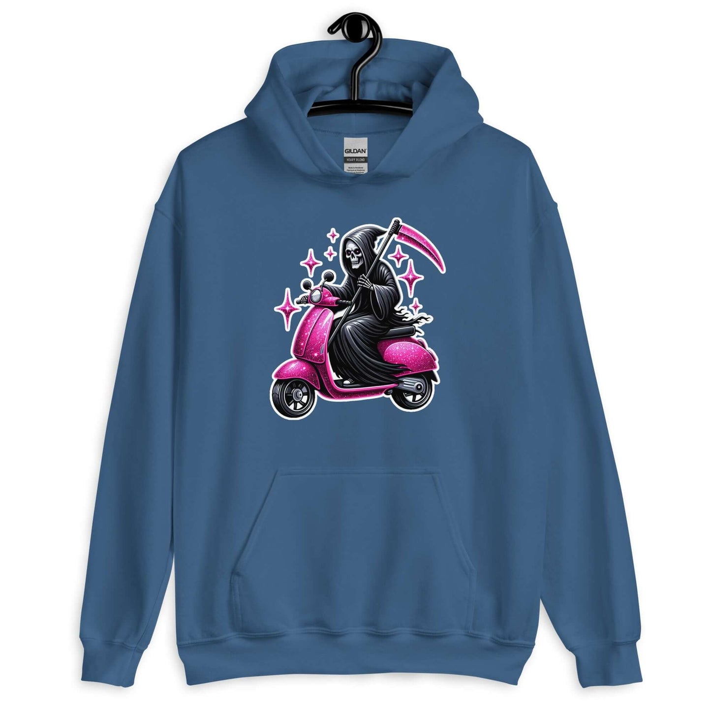 Indigo blue hoodie sweatshirt with funny image of the Grim Reaper riding on a glam pink scooter printed on the front.