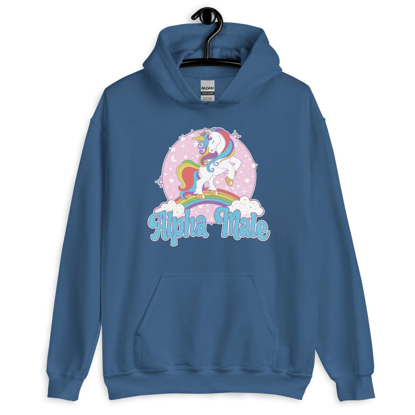 Indigo blue hoodie sweatshirt with funny pastel rainbow unicorn graphics and the words Alpha Male printed on the front.