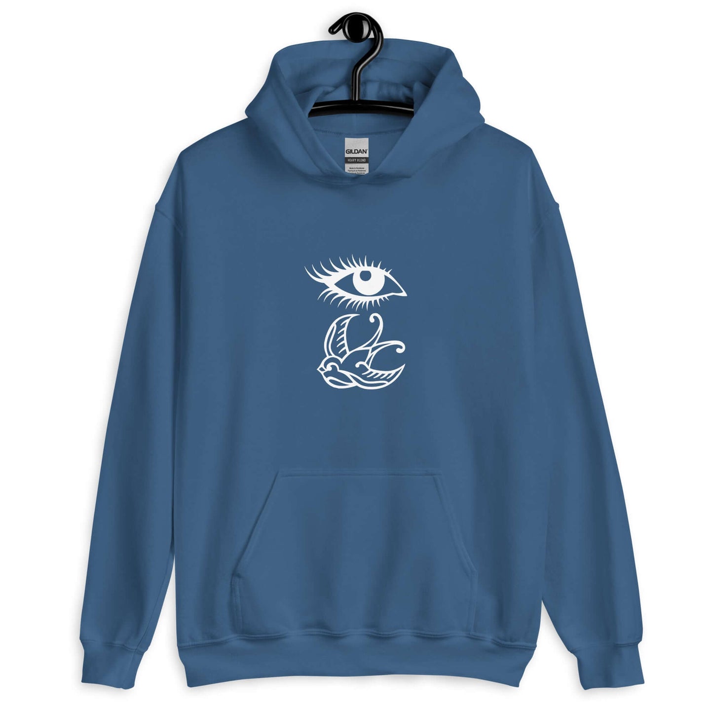 Indigo blue hoodie sweatshirt with outline drawing of an eye and a swallow bird printed on the front.