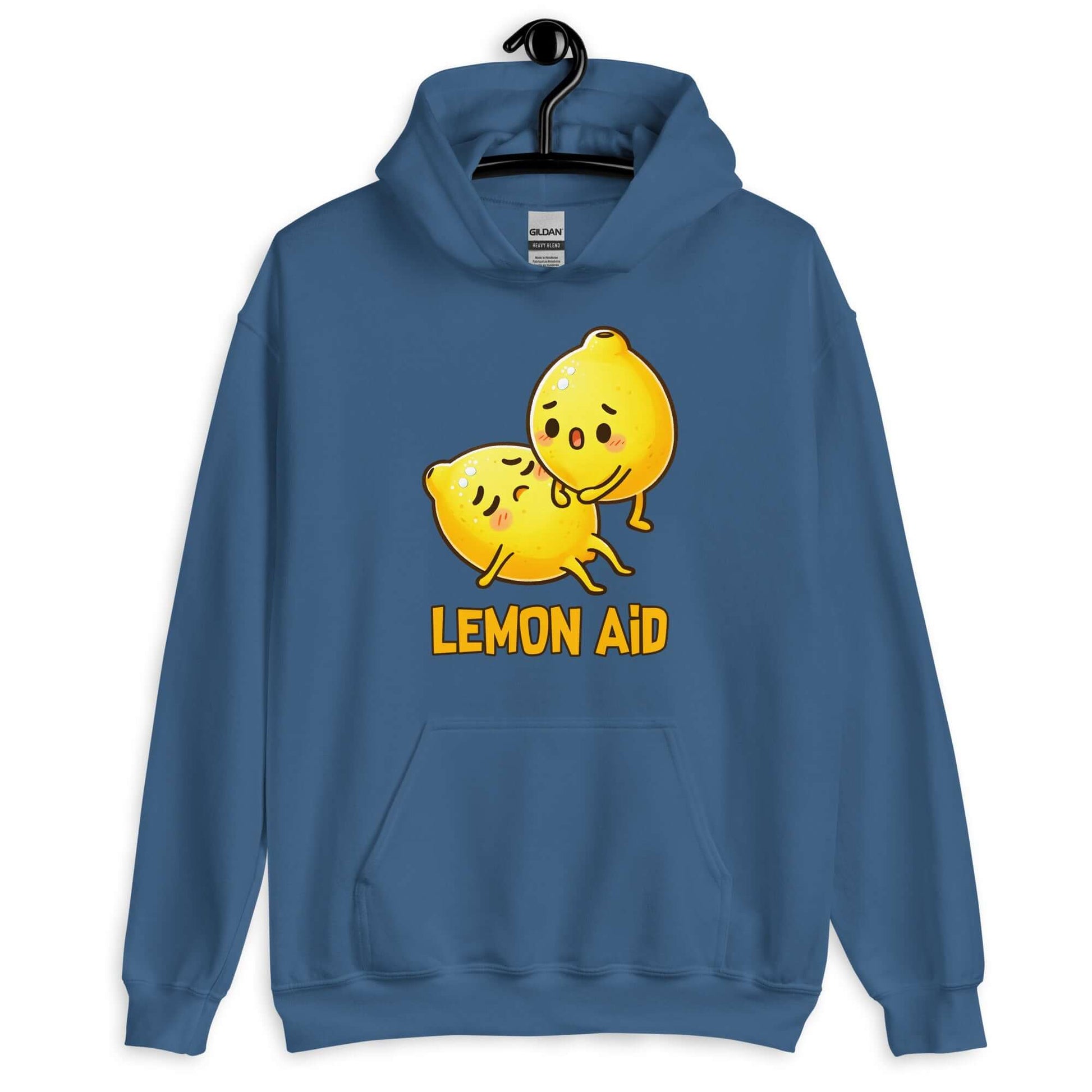 Indigo blue hoodie sweatshirt with image of 2 cartoon lemons. One lemon is giving the other lemon CPR. The words Lemon Aid is under the lemons. The graphic is printed on the front.