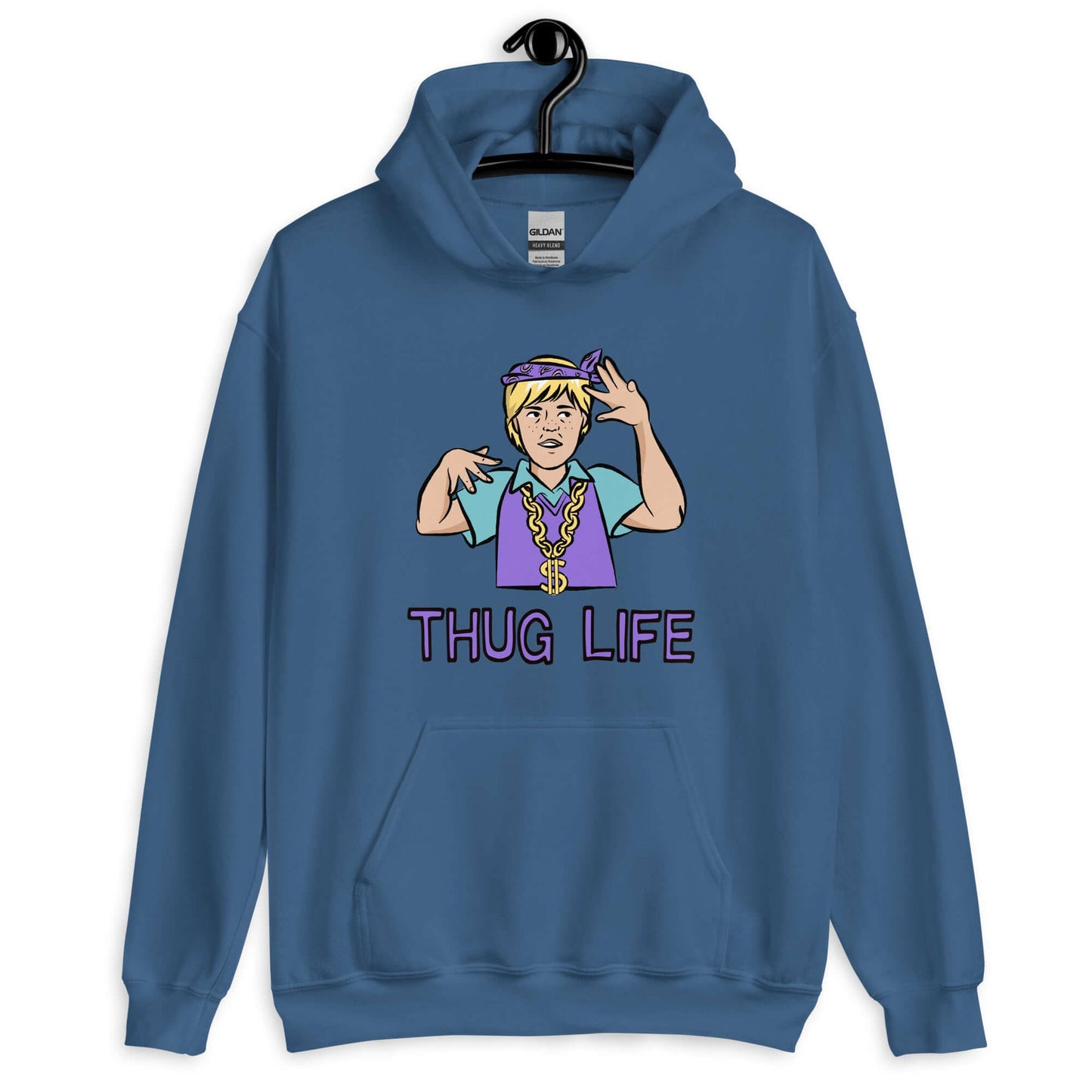 Indigo blue hoodie sweatshirt with a parody image of a blond haired child trying to be a gangster with the words Thug Life printed on the front.