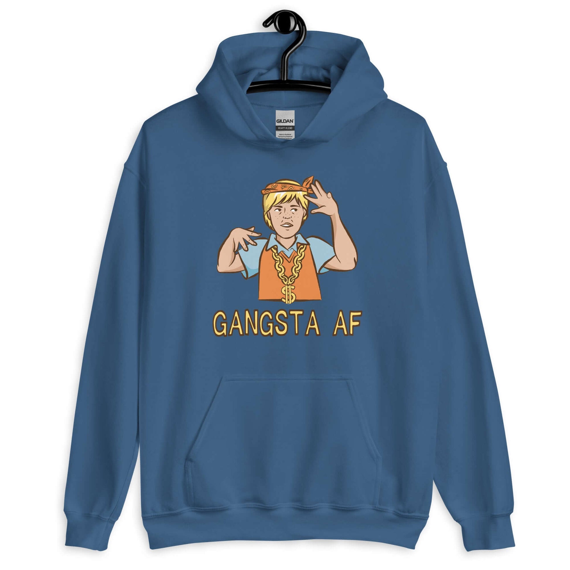 Indigo blue hoodie sweatshirt with a parody image of a blond haired child trying to be a gangster with the words Gangsta AF printed on the front.