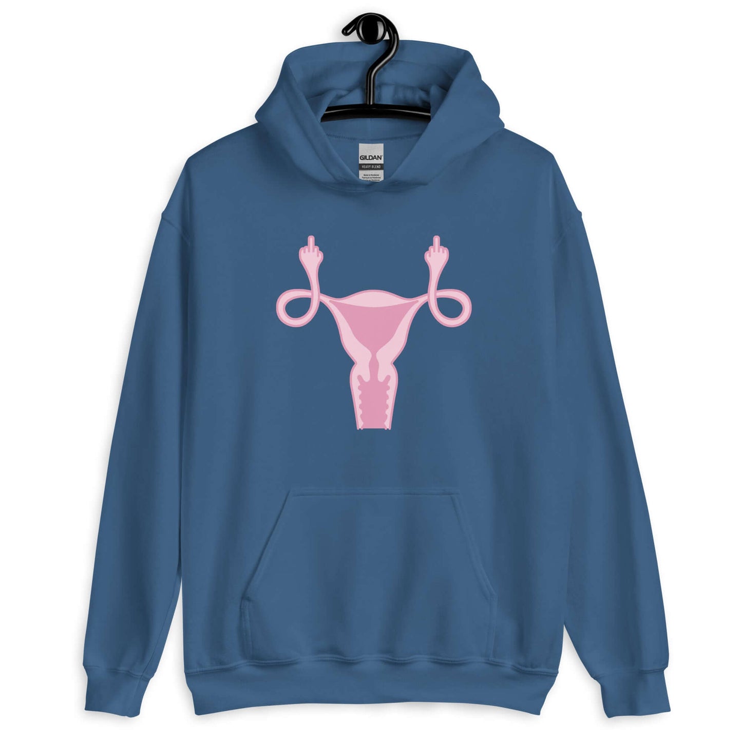 Indigo blue hoodie sweatshirt with image of a pink uterus flipping middle finger graphic printed on the front.