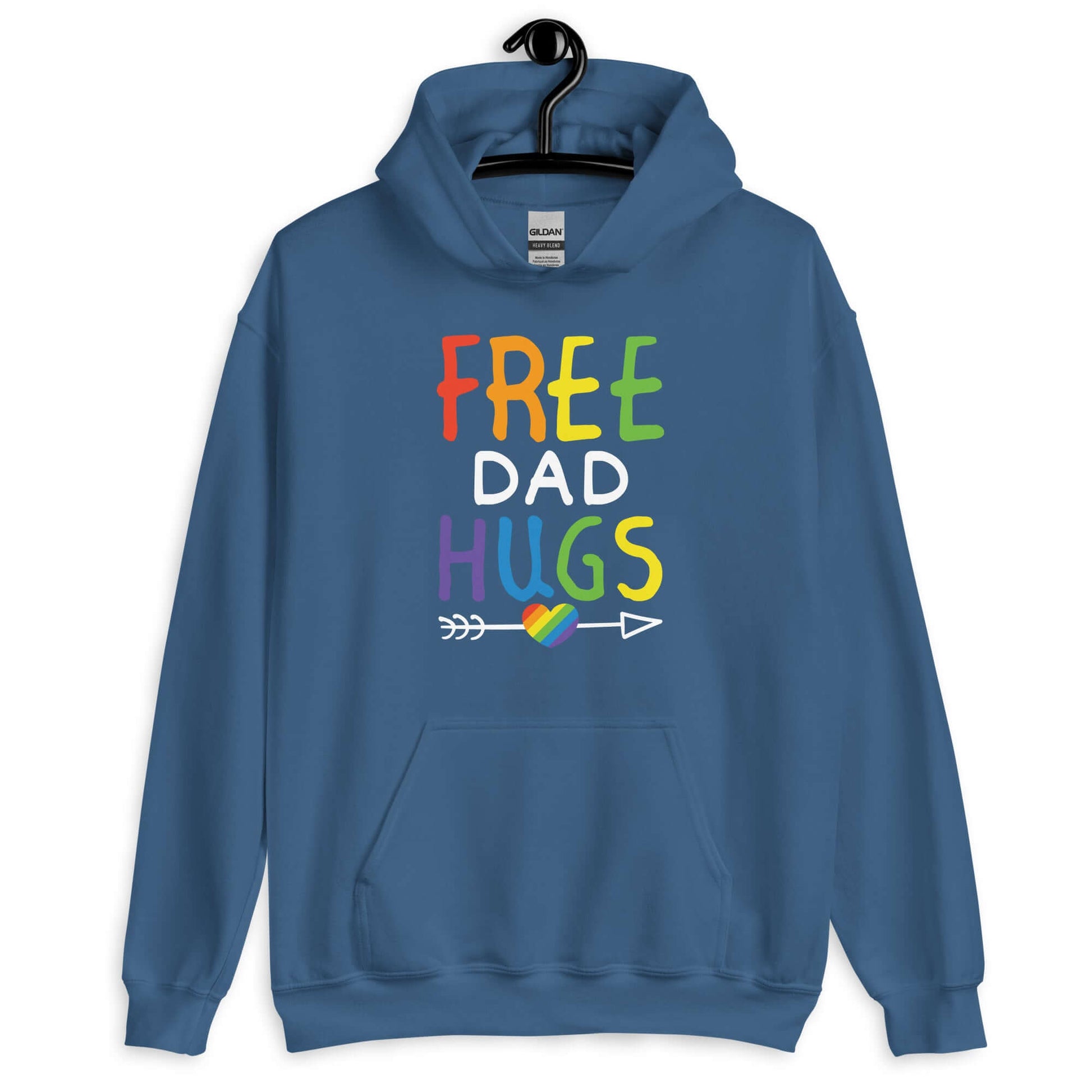 Indigo blue hoodie sweatshirt with the words Free Dad hugs printed on the front in rainbow letters.