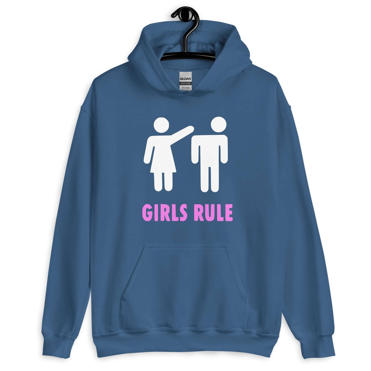 Indigo blue hoodie sweatshirt. The sweatshirt has an image of a stick figure man and woman. The woman is punching the mans head off and the words Girls rule is printed beneath in hot pink. The graphics are printed on the front of the hoodie.