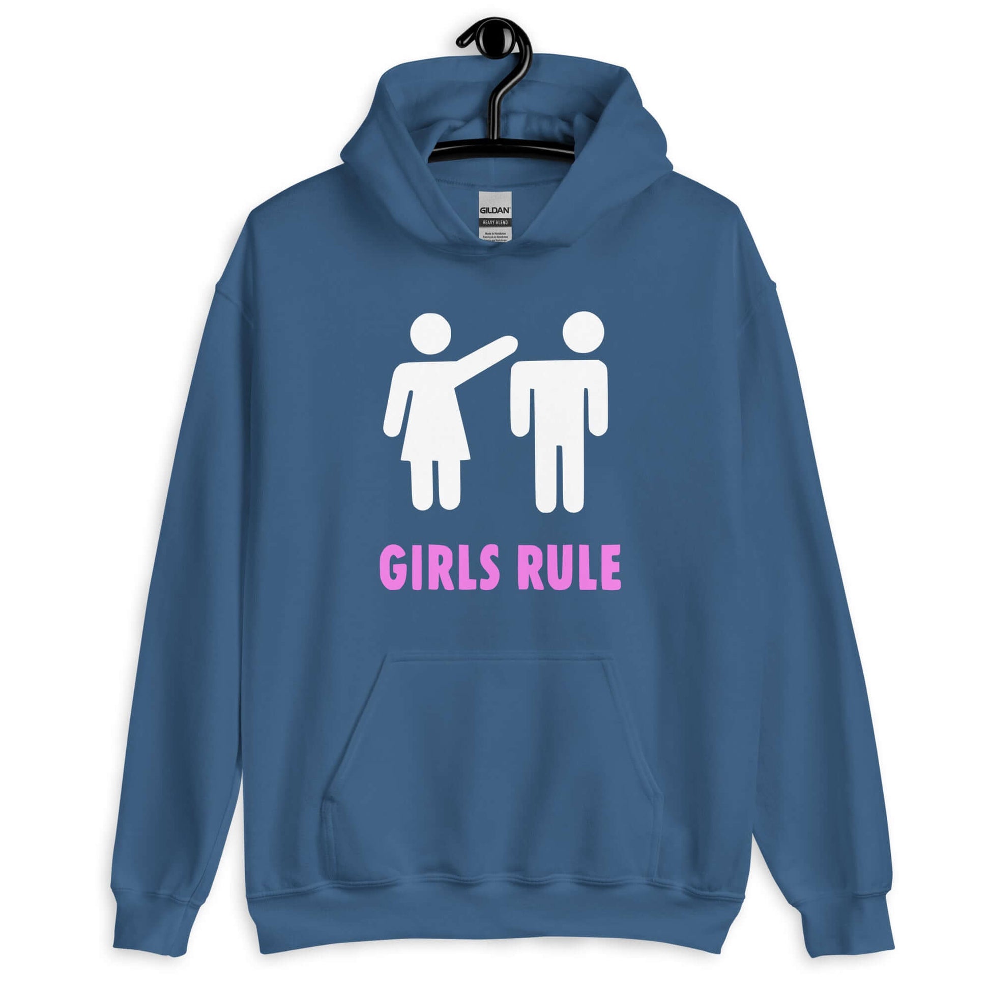 Indigo blue hoodie sweatshirt. The sweatshirt has an image of a stick figure man and woman. The woman is punching the mans head off and the words Girls rule is printed beneath in hot pink. The graphics are printed on the front of the hoodie.