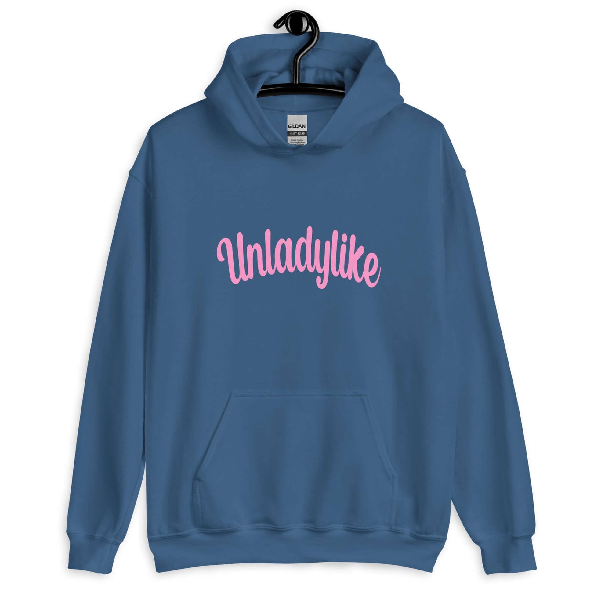 Indigo blue hoodie sweatshirt with the word Unladylike printed on the front in pink.