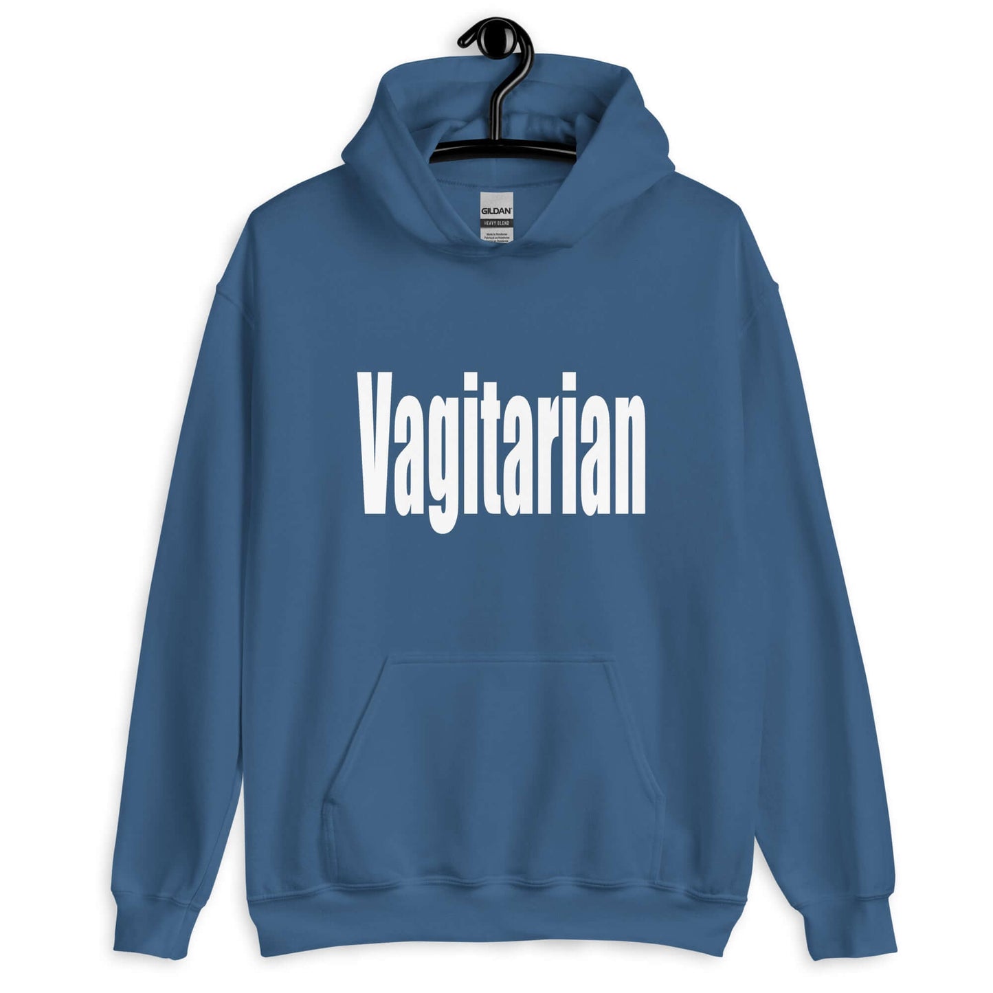 Indigo blue hoodie sweatshirt with the word Vagitarian printed on the front.