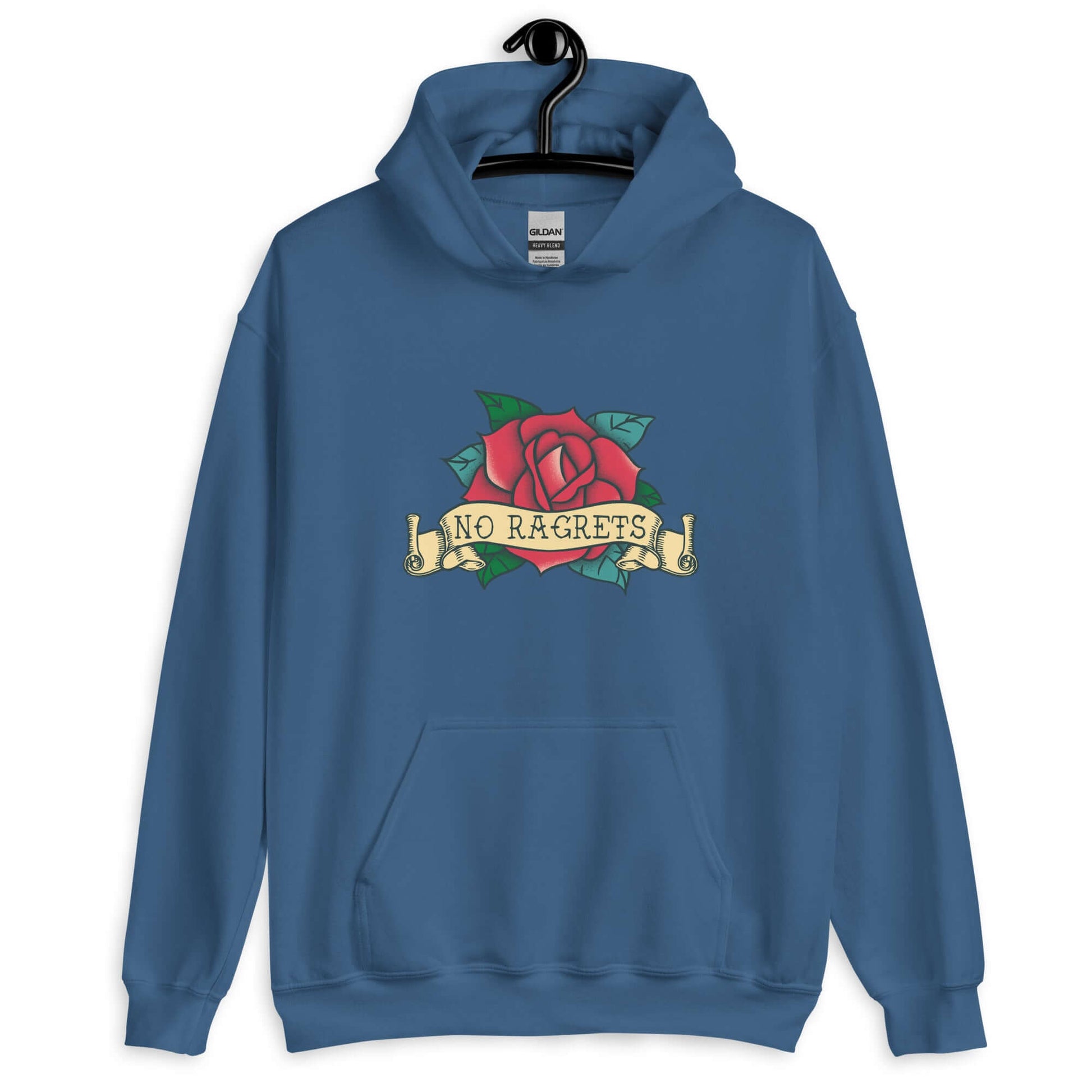 Indigo blue hoodie sweatshirt with funny image of an old school rose flash tattoo with the words no ragrets intentionally misspelled.