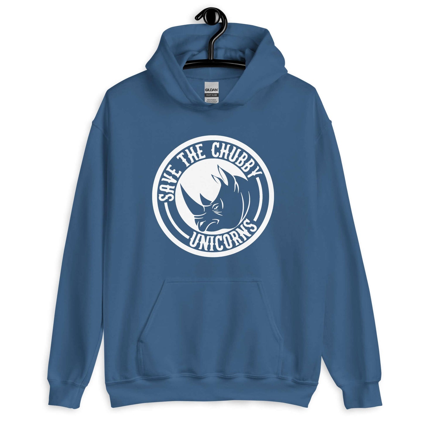 Indigo blue hoodie sweatshirt with a funny graphic of a rhinoceros & the words Save the chubby unicorns printed on the front.